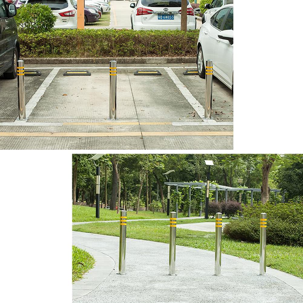 2X Heavy Duty Stainless Steel Parking Bollards - Driveway Security Posts with Hanging Ring & Reflective Tape - Removable Base for Easy Installation - Ideal for Parking Lots, Garages, and Commercial Properties