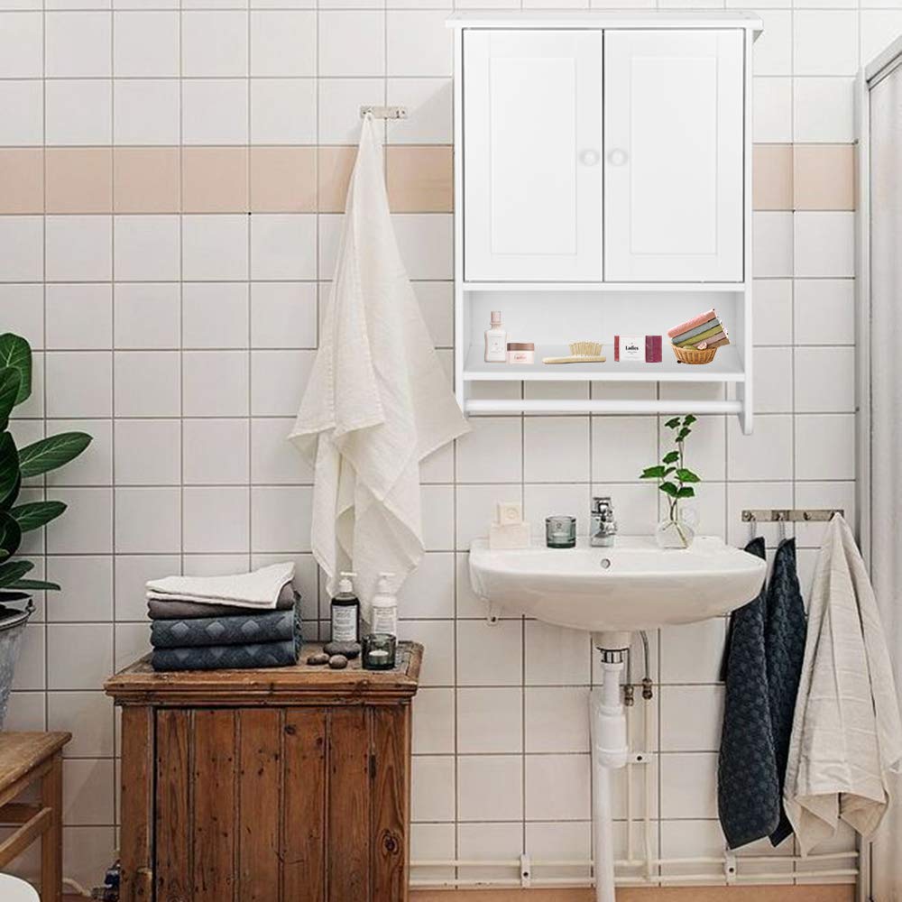 White Double Door Bathroom Wall Cabinet with Towel Bar - Hanging Medicine Storage Organizer for Bathroom & Kitchen - Perfect for Small Space Organization, Bath Essentials Storage, and Home Decor