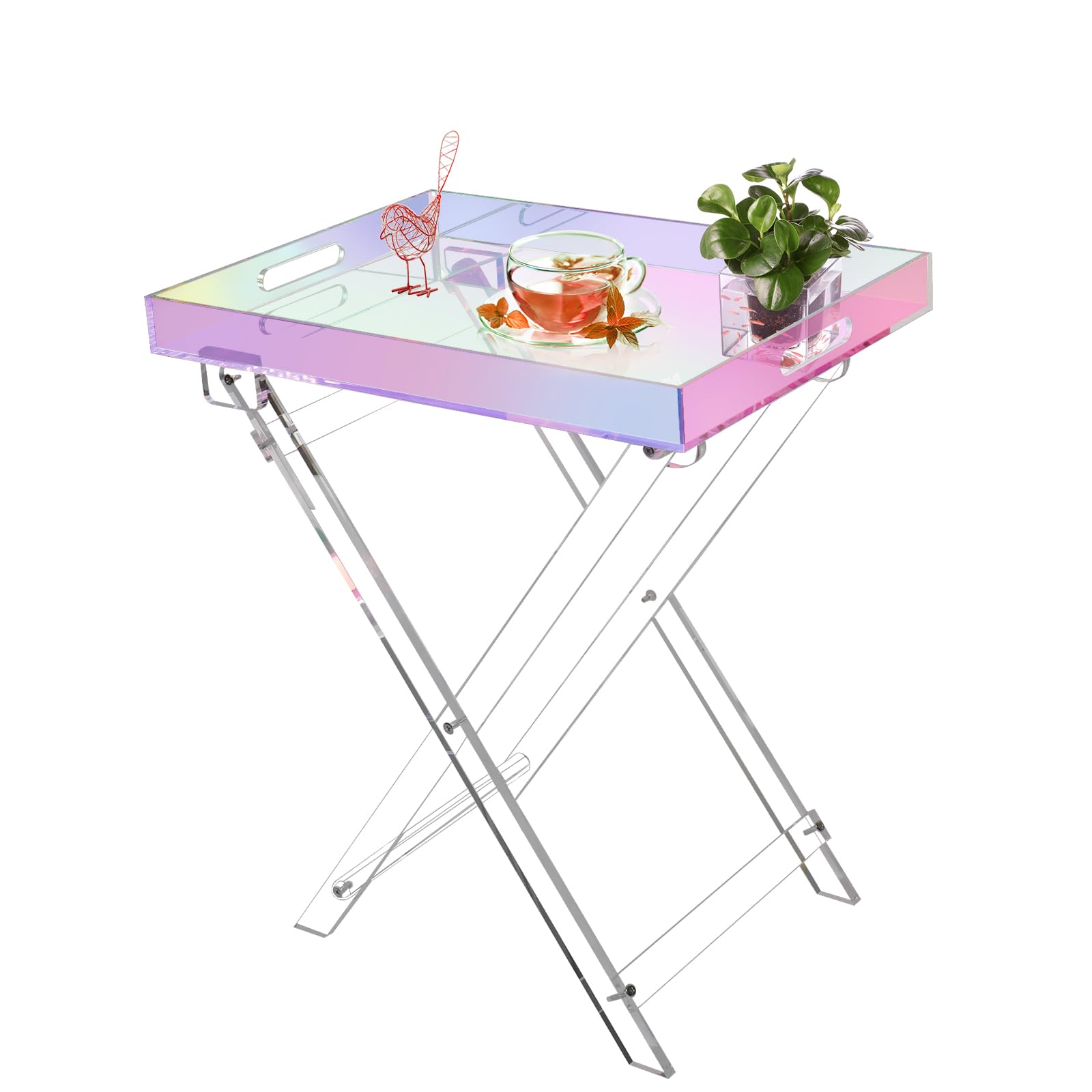 Iridescent Acrylic Folding Tray Table - 24x20x14 Inch Rainbow End Table & Side Table for Living Room, Bedroom, or Office Decor - Lightweight & Colorful Decorative Accent Furniture