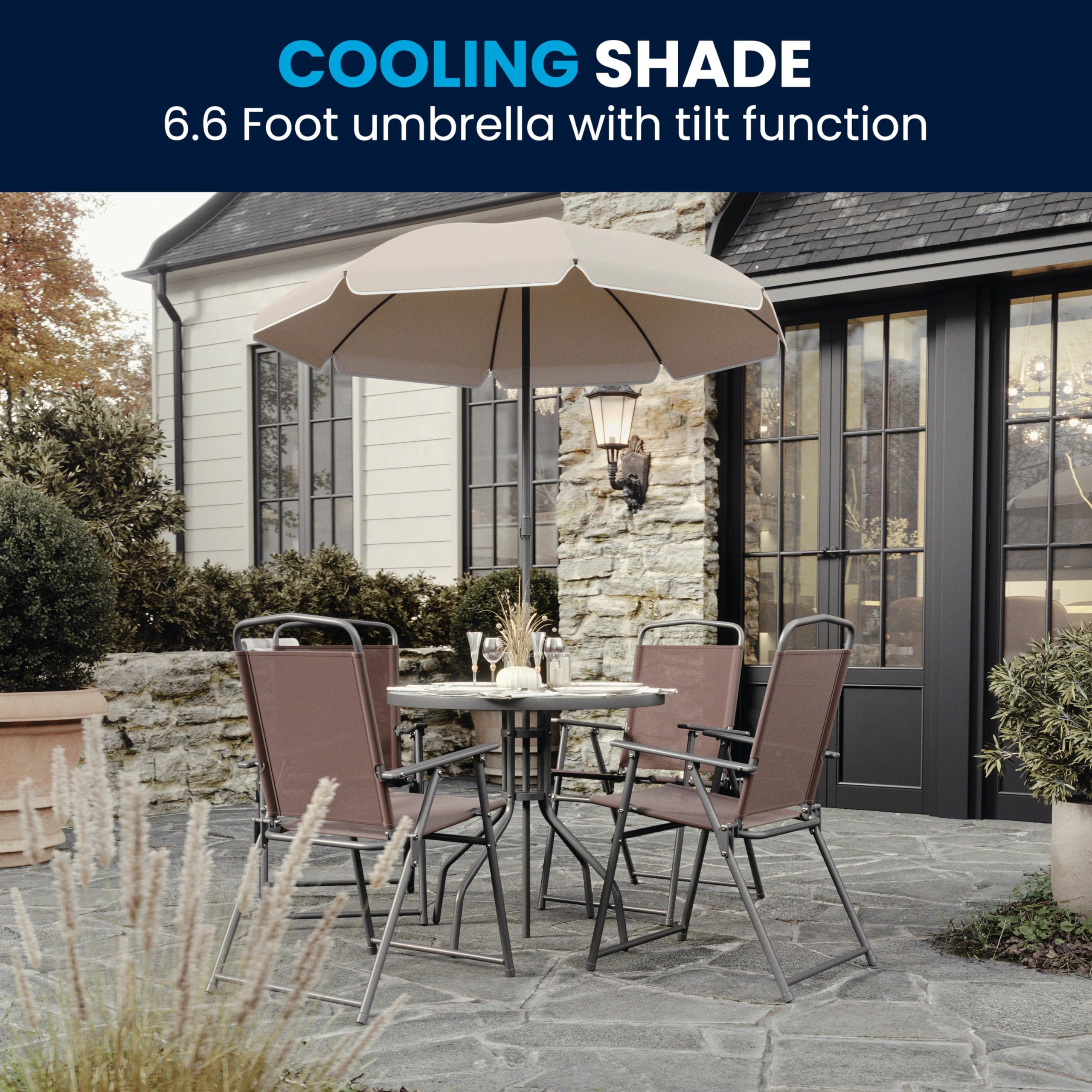 Flash Furniture Nantucket 6-Piece Outdoor Patio Dining Set with Glass Table, 4 Folding Chairs & Umbrella - Brown Rattan Wicker Furniture for Backyard, Garden, Poolside & Deck Dining