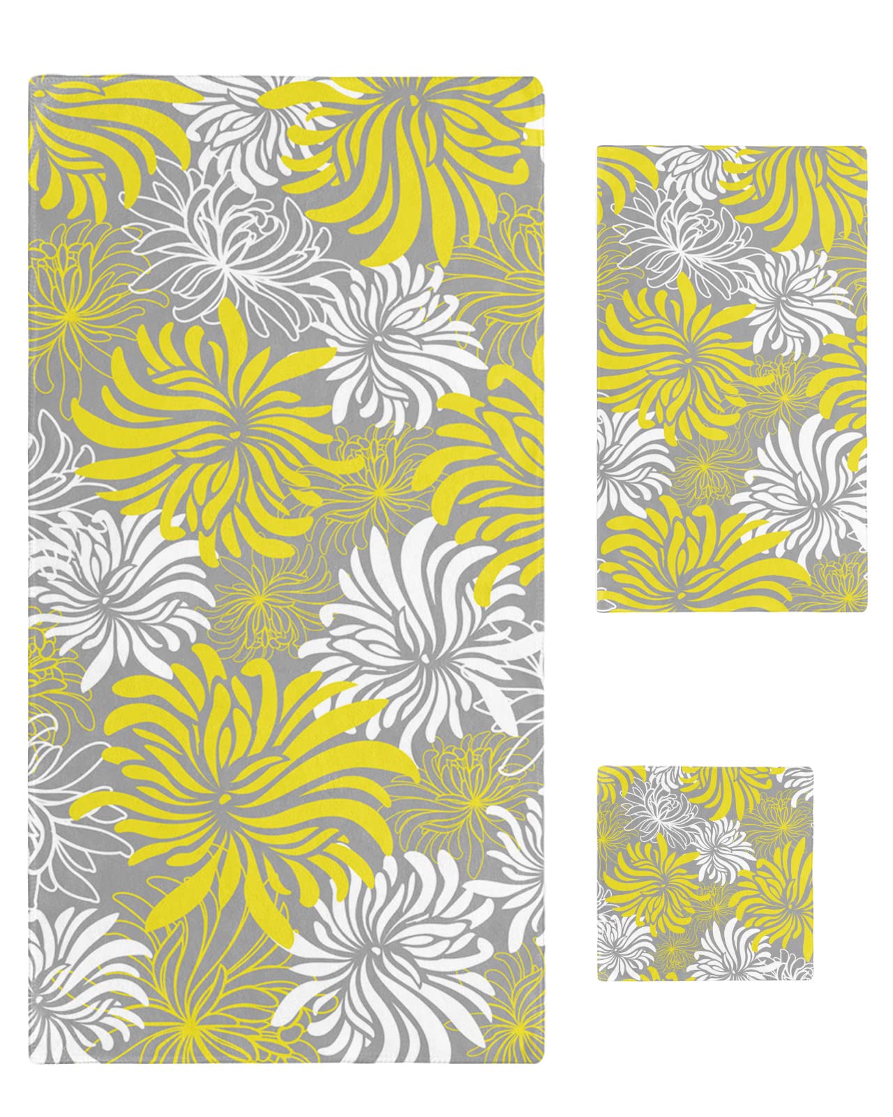 Premium Yellow Floral Bath Towel Set - Ultra Soft Microfiber Quick Dry Bathroom, Kitchen & Beach Towels - Grey White Chrysanthemum Design - Luxury Decorative Towel Set for Home, Spa & Vacation - Bulk Accessories & Decor