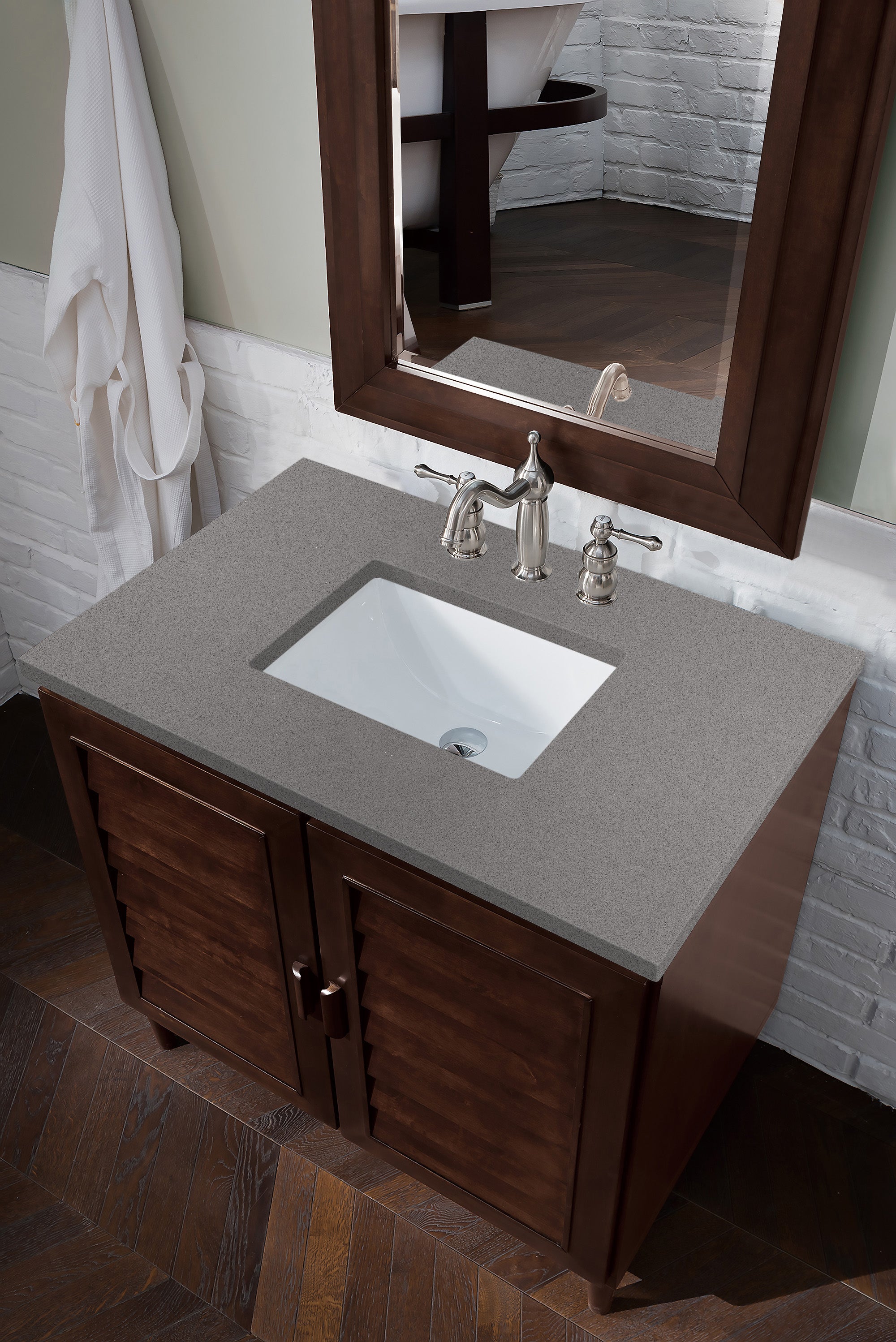 Portland 36 Inch Single Bathroom Vanity with Burnished Mahogany Finish & 3CM Gray Expo Quartz Countertop - Perfect for Modern Master Bathrooms and Powder Rooms