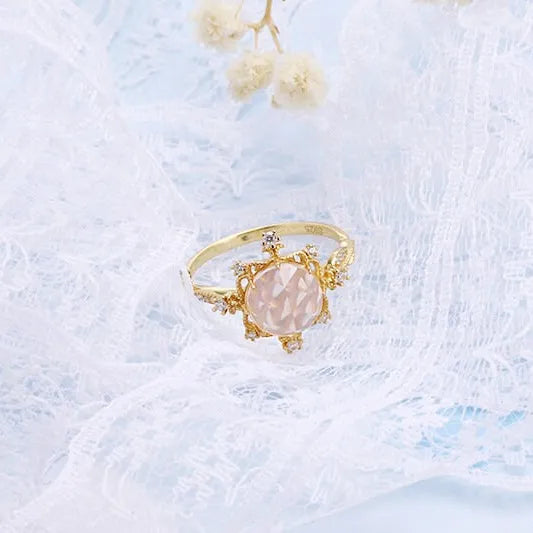 Natural Rose Quartz Gold Ring for Women - Elegant Pink Wedding Band, Romantic Jewelry Gift for Her | Perfect for Engagement, Anniversary & Special Occasions | HJZB 002 01
