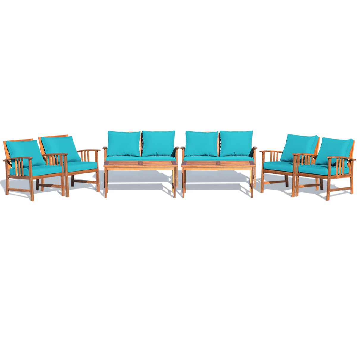 Tangkula 8-Piece Acacia Wood Outdoor Patio Furniture Set with Gray Cushions & Back Pillows - Garden, Backyard, Poolside Conversation Set with Coffee Table - Perfect for Outdoor Entertaining, Relaxing, and Lounging