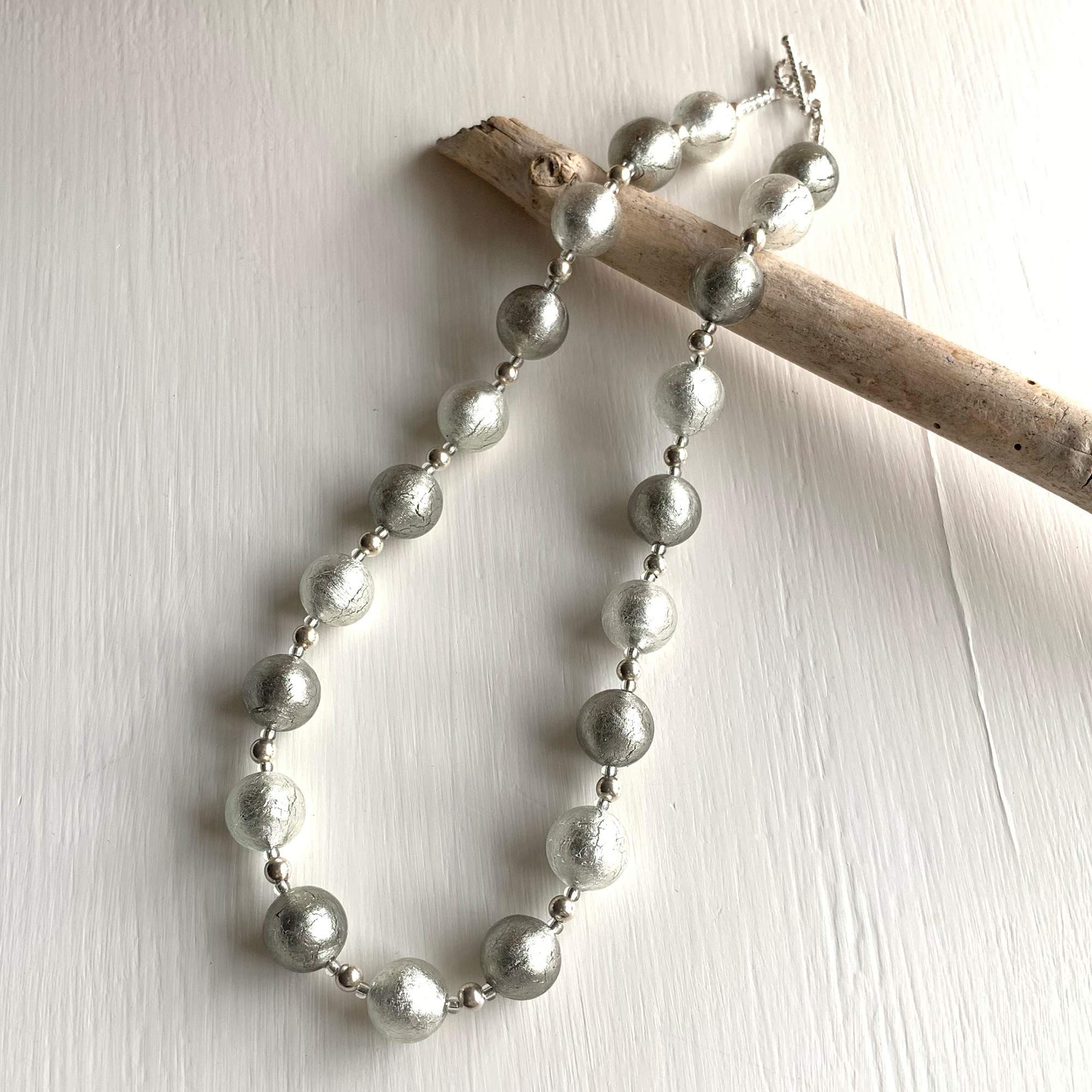Diana Ingram Sterling Silver Necklace with Grey & Clear Crystal Murano Glass Beads | Elegant Small Sphere Beaded Jewelry for Women | Perfect for Parties, Weddings & Everyday Wear