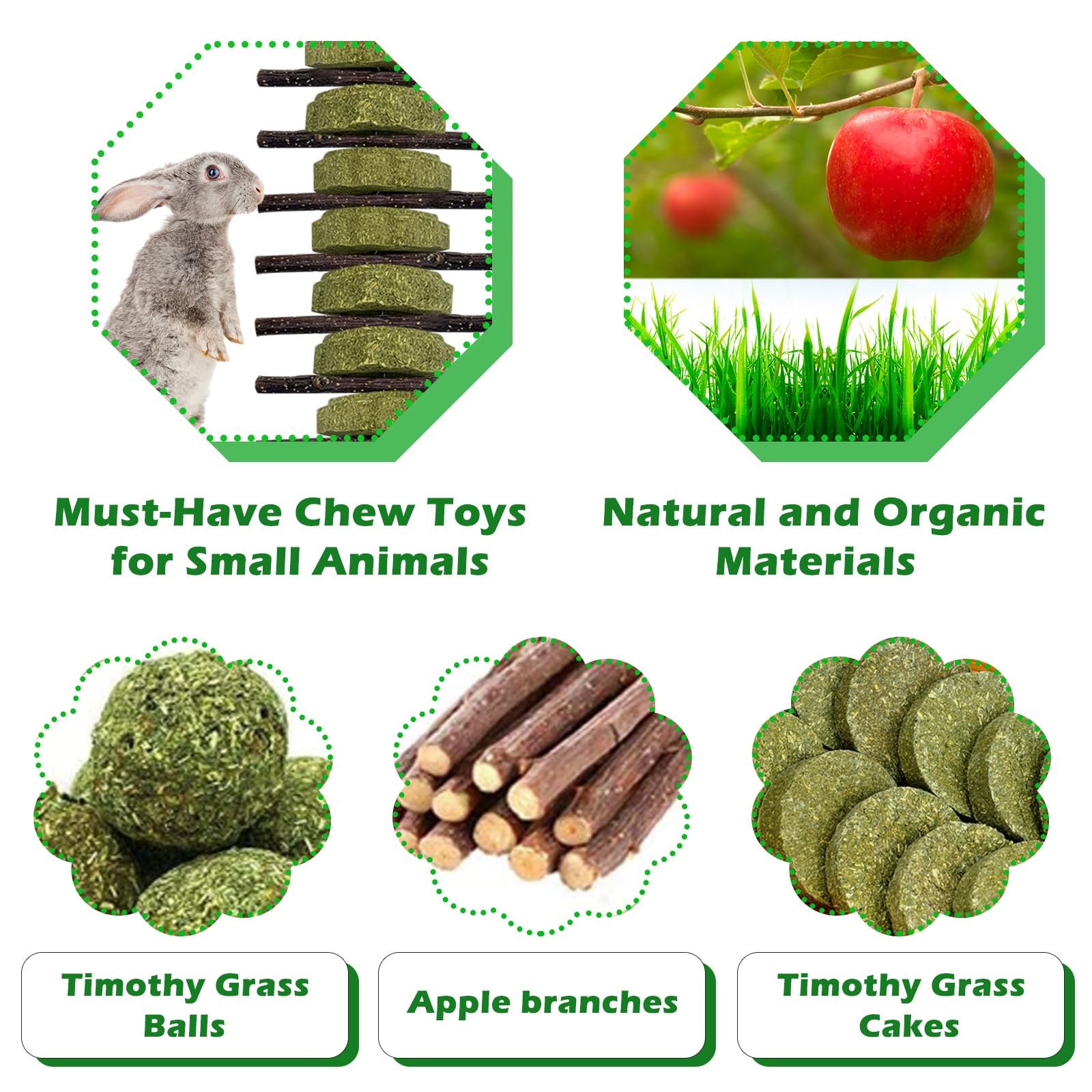 Organic Apple Wood Bunny Chew Toys for Teeth Grinding - 3 Pack Hanging Rabbit Toys with Grass Cake Treats - Safe for Rabbits, Guinea Pigs, Chinchillas, Hamsters, Gerbils & Rats - Perfect for Cage Enrichment & Dental Health