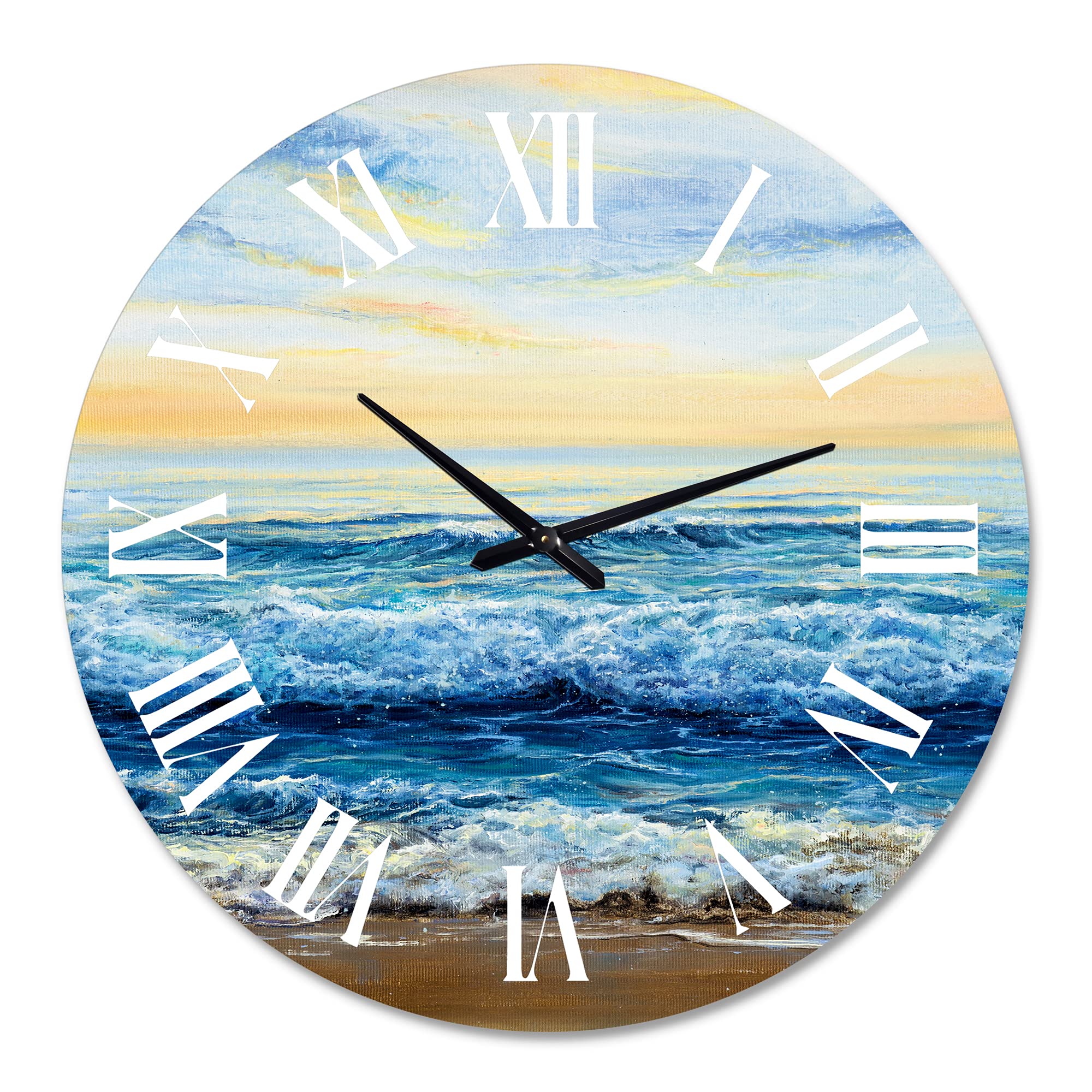 DesignQ Nautical Coastal Wall Clock - Ocean Waves at Dawn Blue Round Clock for Living Room, Bedroom & Office Decor | Perfect for Beach House, Coastal Theme & Home Interior Design