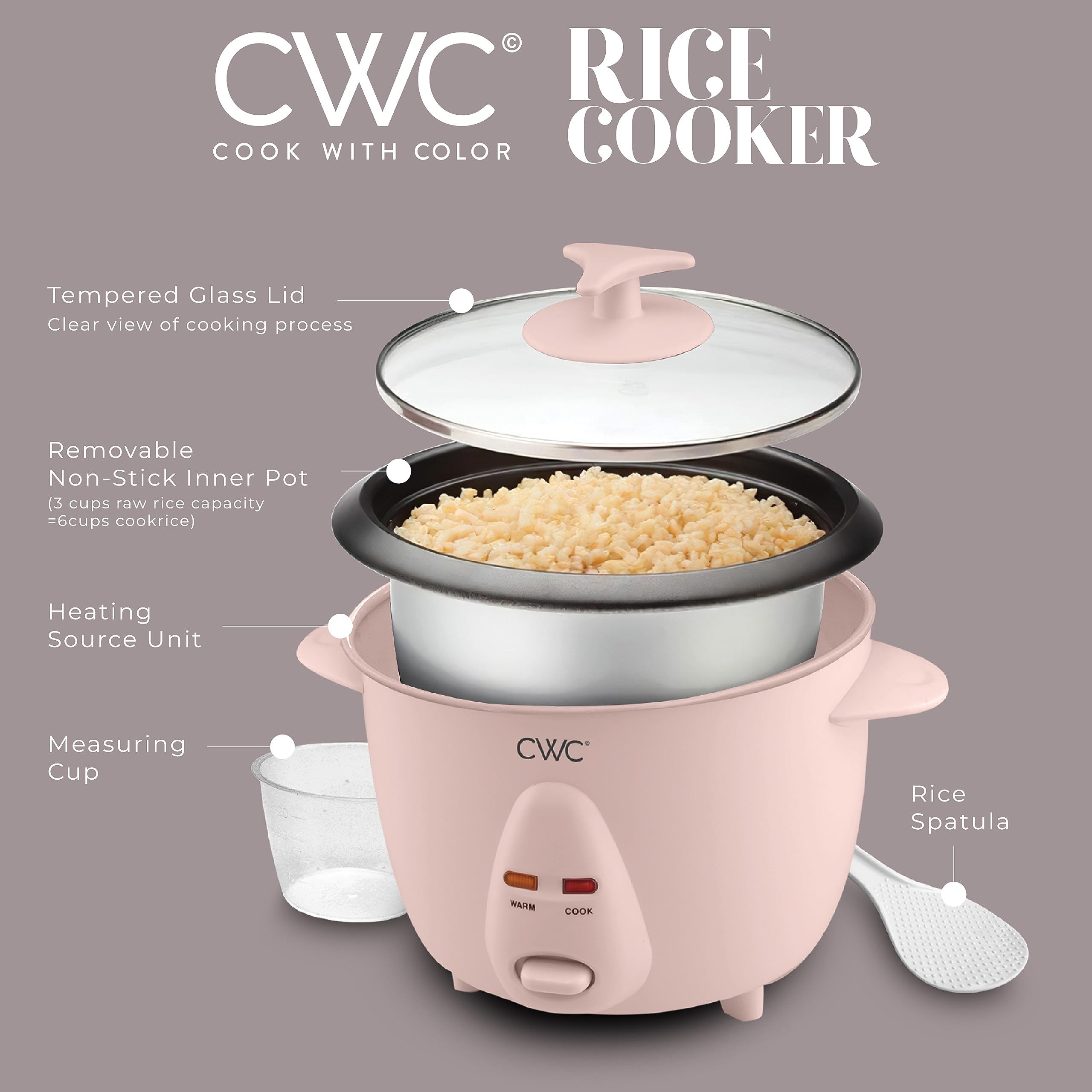 **COOK WITH COLOR 6-Cup Rice Cooker 300W - Effortless & Perfect Rice Cooking, Makes 6 Cups Cooked (3 Cups Raw), Compact & Stylish Pink Design - Ideal for Dorms, Offices & Small Kitchens**