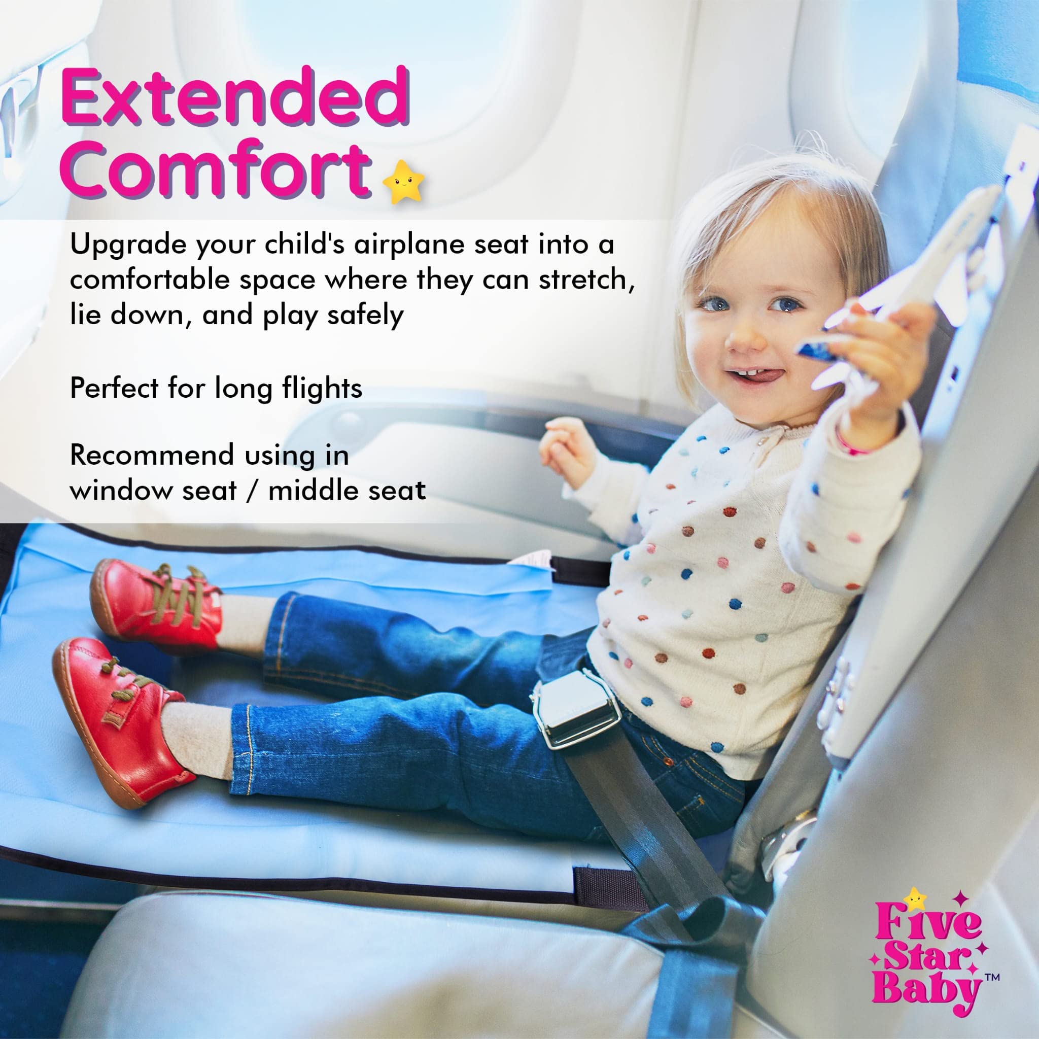 Premium Toddler Airplane Travel Bed - Kids Inflatable Airplane Seat Extender & Comfortable Travel Essential for Long Flights | Blue | Perfect for Family Vacations & Overnight Flights