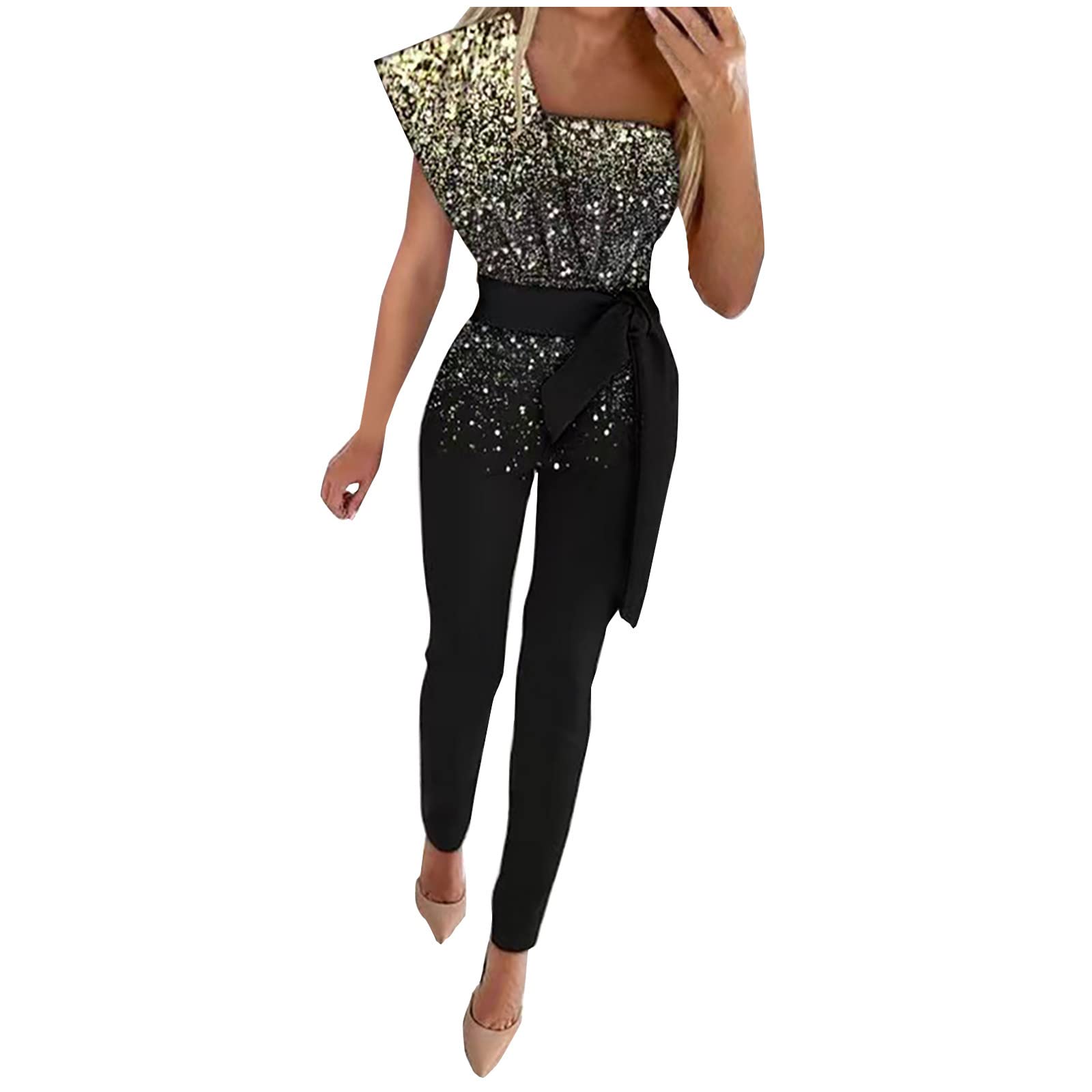 Elegant Glitter Jumpsuit for Women - One Shoulder Sleeveless Romper for Party & Business