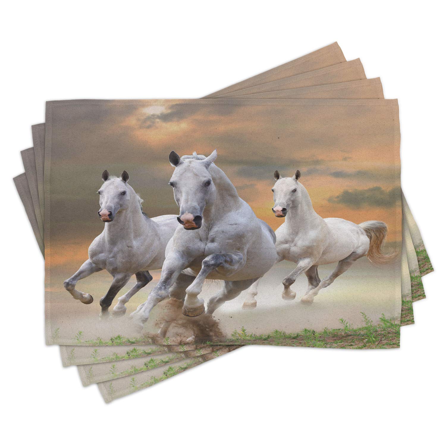 Ambesonne 4-Piece Horses Placemats Set - Stallion Horses Running on Mystic Sky Equestrian Print, Washable Fabric Table Mats for Dining Room & Kitchen Decor (White & Orange) - Perfect for Dinner Parties, Holiday Gatherings & Western-Themed Events