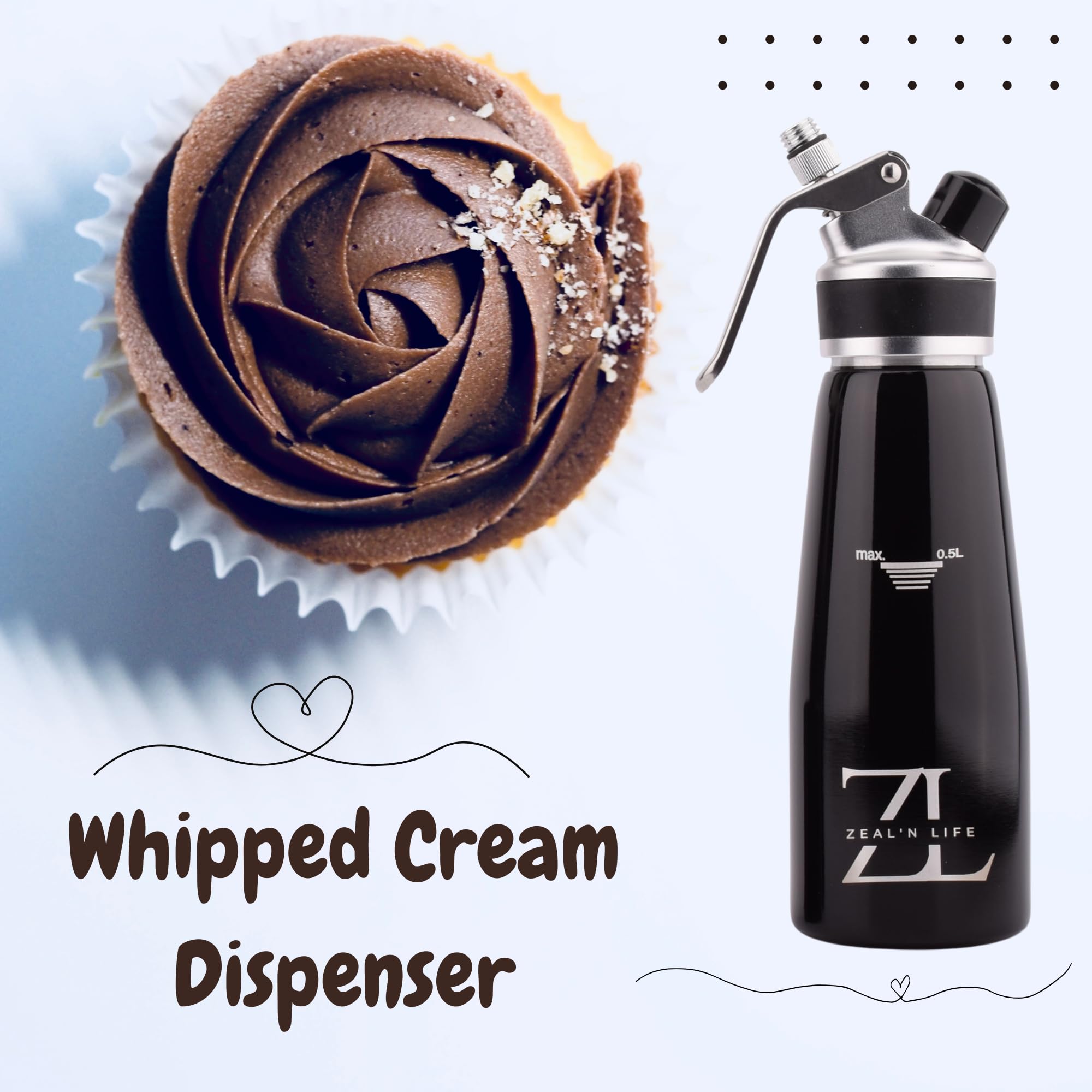 ZEAL'N LIFE Professional 500ml Whipped Cream Dispenser with Decorating Nozzles & Brush - Stainless Steel Cream Whipper for Desserts, Coffee, Cocktails & Cake Decorating (Black)