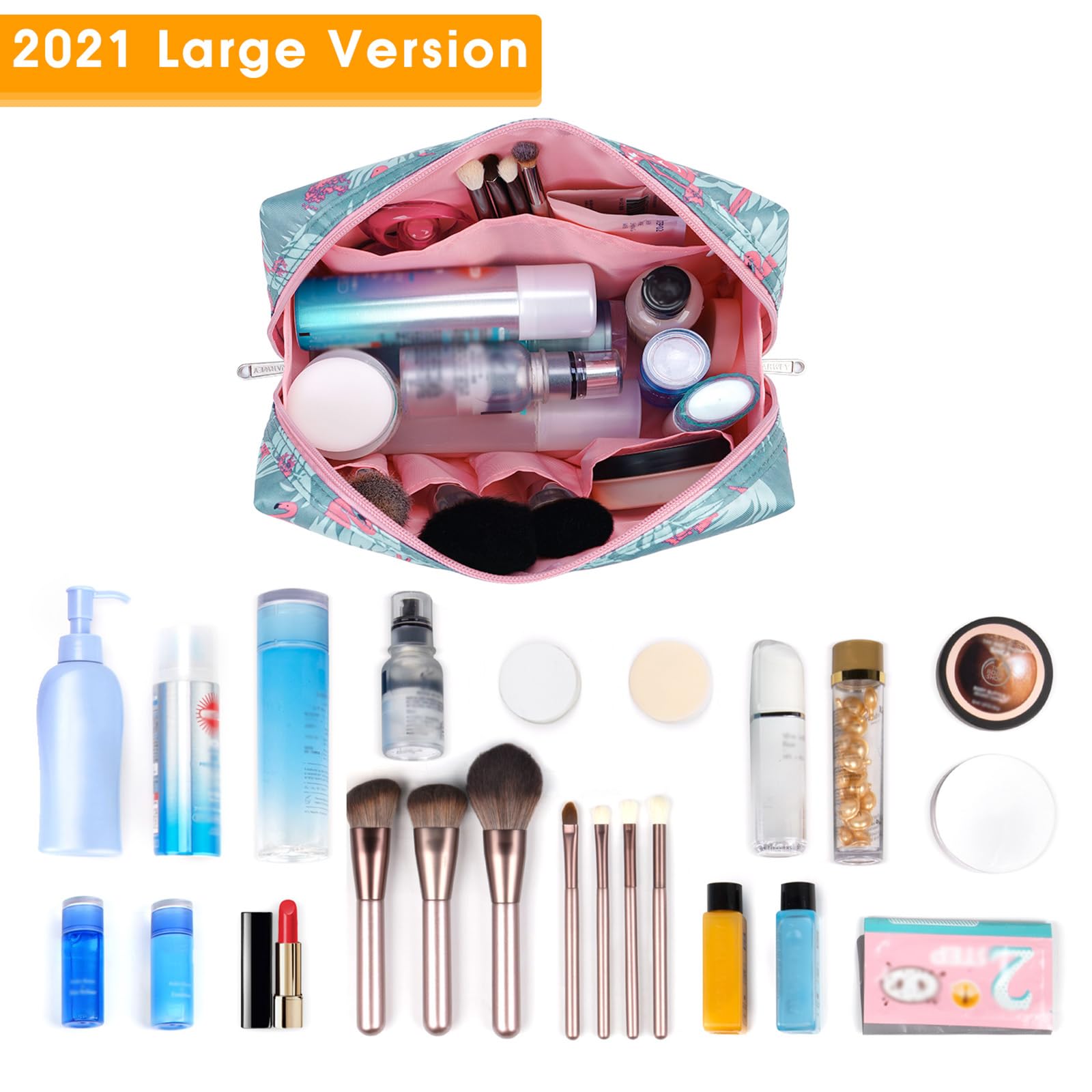 Narwey Flamingo Makeup Bag for Women - Large Travel Cosmetic Organizer with Compartments, Perfect for Travel & Daily Use