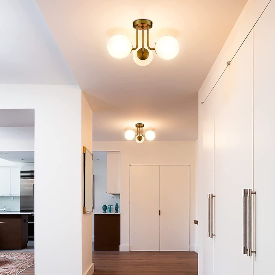 3-Light Gold Brushed Brass Sputnik Chandelier - Modern Glass Globe Flush Mount Ceiling Light Fixture for Bedroom, Living Room & Kitchen | Elegant Lighting for Dining Areas, Hallways & Home Decor