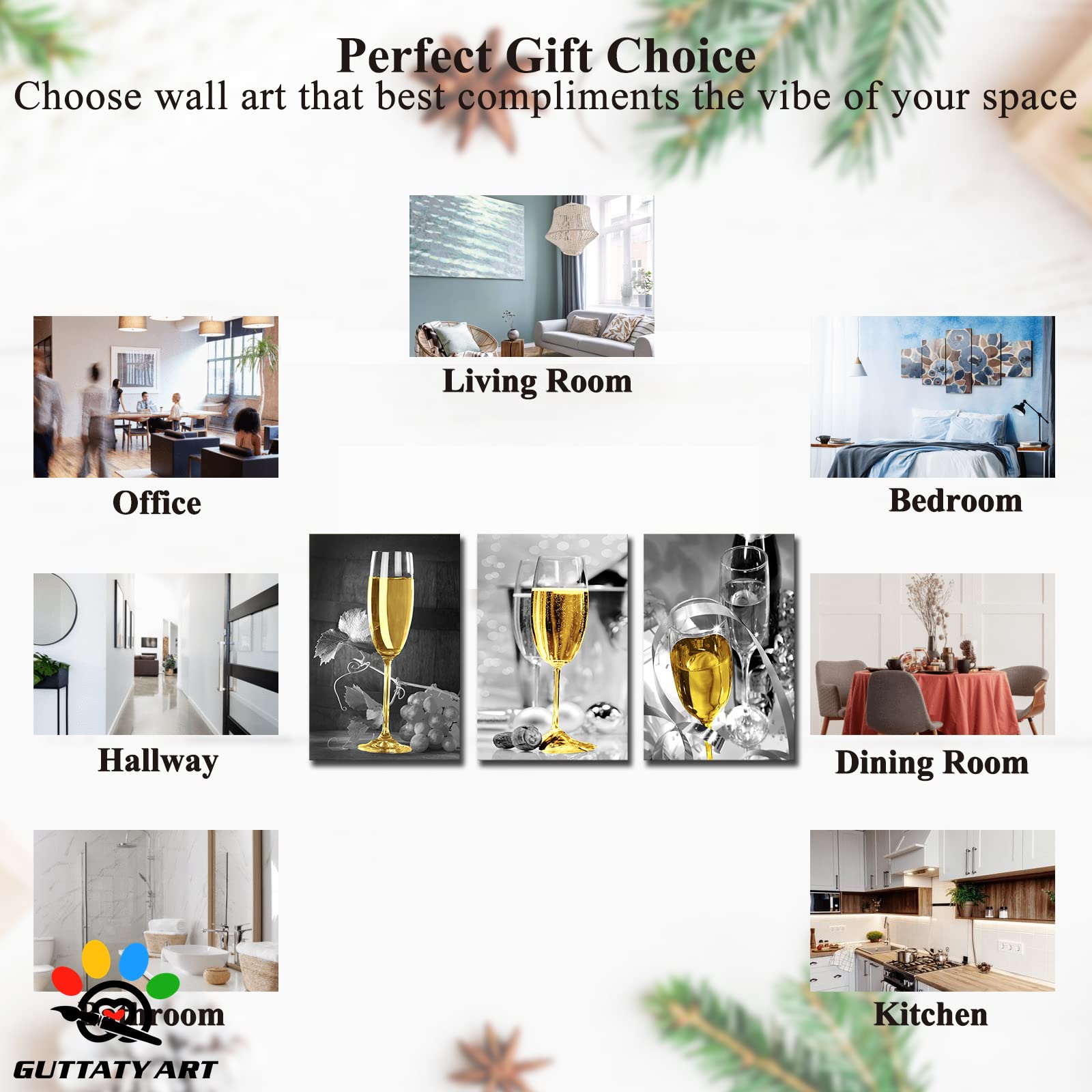 GUTTATY Modern Black and White Canvas Wall Art - 3 Piece 24x36 Inch Dining Room & Kitchen Decor Set with Yellow Fruits & Wine Glasses Prints | Perfect for Home, Restaurant & Office Decoration