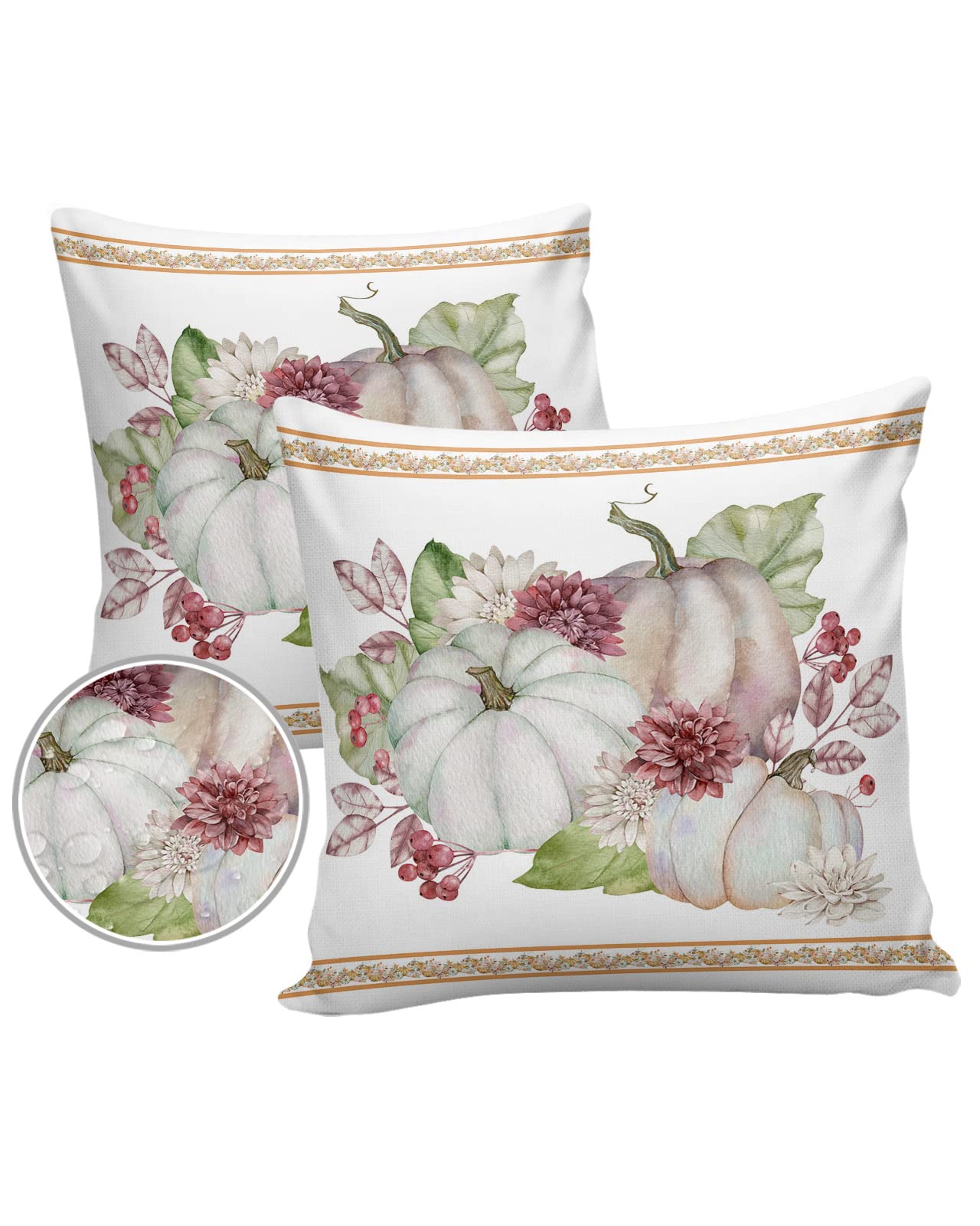 Fall Harvest Pumpkin Cushions - Set of 2 Floral Leaf Pillow Covers for Garden, Patio Furniture, Sofa & Couch Decor | Waterproof Polyester Outdoor/Indoor Throw Pillows for Autumn Home Decor, Thanksgiving, Halloween, and Seasonal Living Room Accents