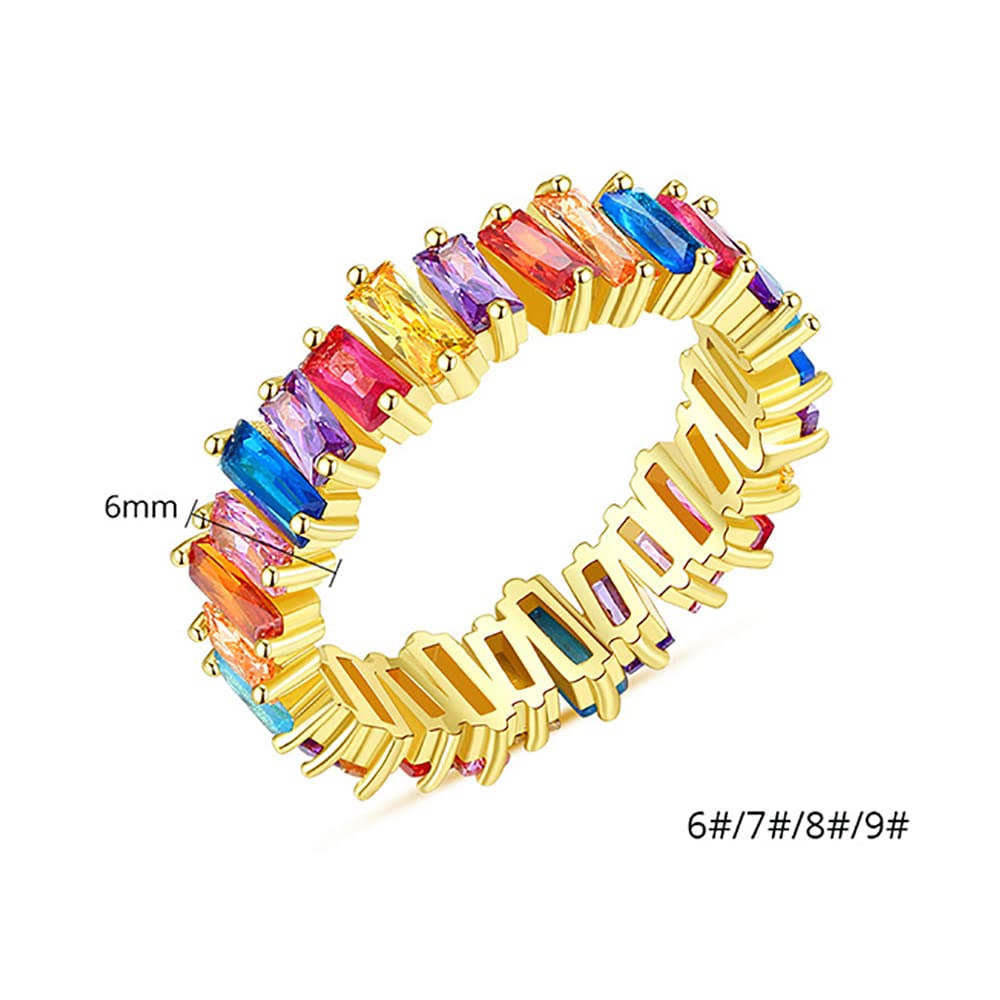 18K Gold Plated Rainbow Eternity Ring for Women - Multicolor Cubic Zirconia Baguette Wedding Band, Anniversary Gift, Stackable Ring for Everyday Wear & Special Occasions
