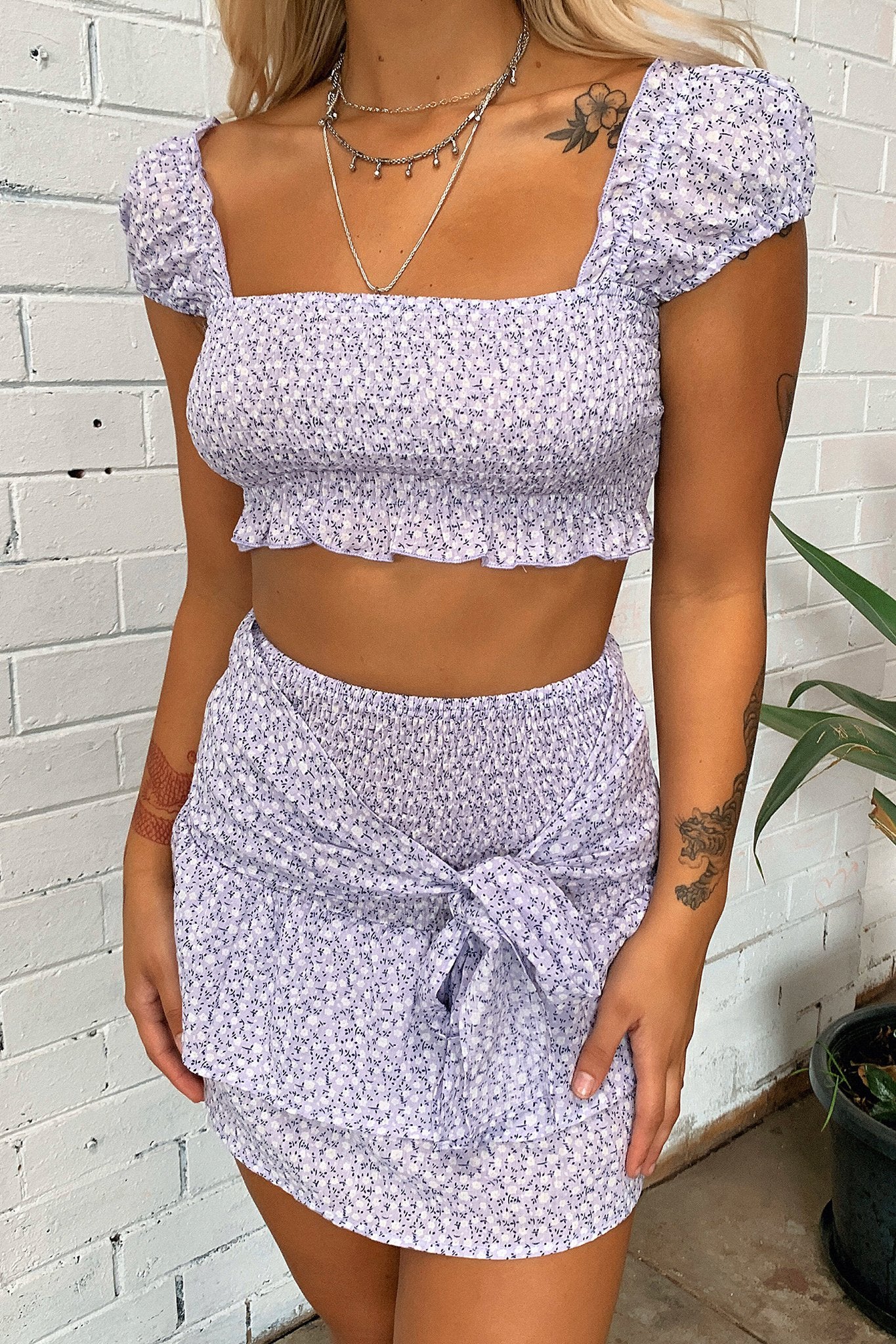 Hyrem Crop Top - Lilac Floral Print Women's Fashion Blouse | Perfect for Summer Outfits, Beach Vacations & Casual Wear