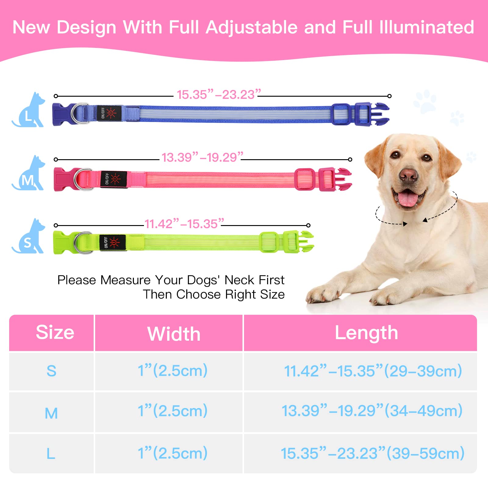 YFbrite USB Rechargeable LED Dog Collar - Super Bright Adjustable Glowing Collar for Night Walking, Safety & Visibility (Pink, Medium) - Perfect for Evening Walks, Jogging, and Outdoor Adventures with Your Pet