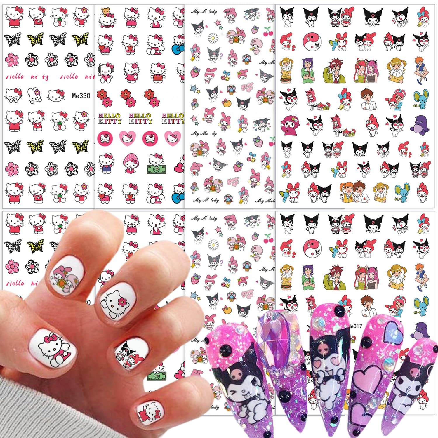 8 Sheets 3D Cute Nail Art Stickers - Self Adhesive Kawaii Cartoon Butterfly & Flower Designs - DIY Nail Decals for Women & Girls - Perfect for Acrylic Nails, Manicures & Party Nail Art Decorations