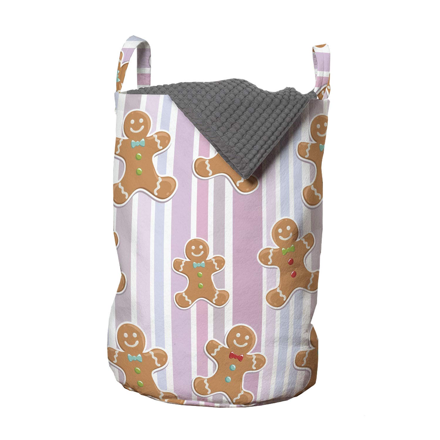 Ambesonne Gingerbread Man Laundry Bag - Pastel Striped Christmas Bakery Design with Drawstring Closure & Handles, 13