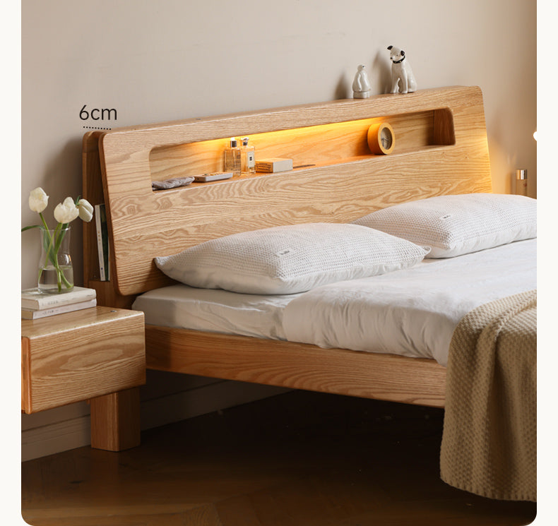 Solid Oak and Beech Wood Bed with Built-in LED Lights and Bookshelf - Modern Bedroom Furniture for Small Spaces, Lofts, and Studio Apartments