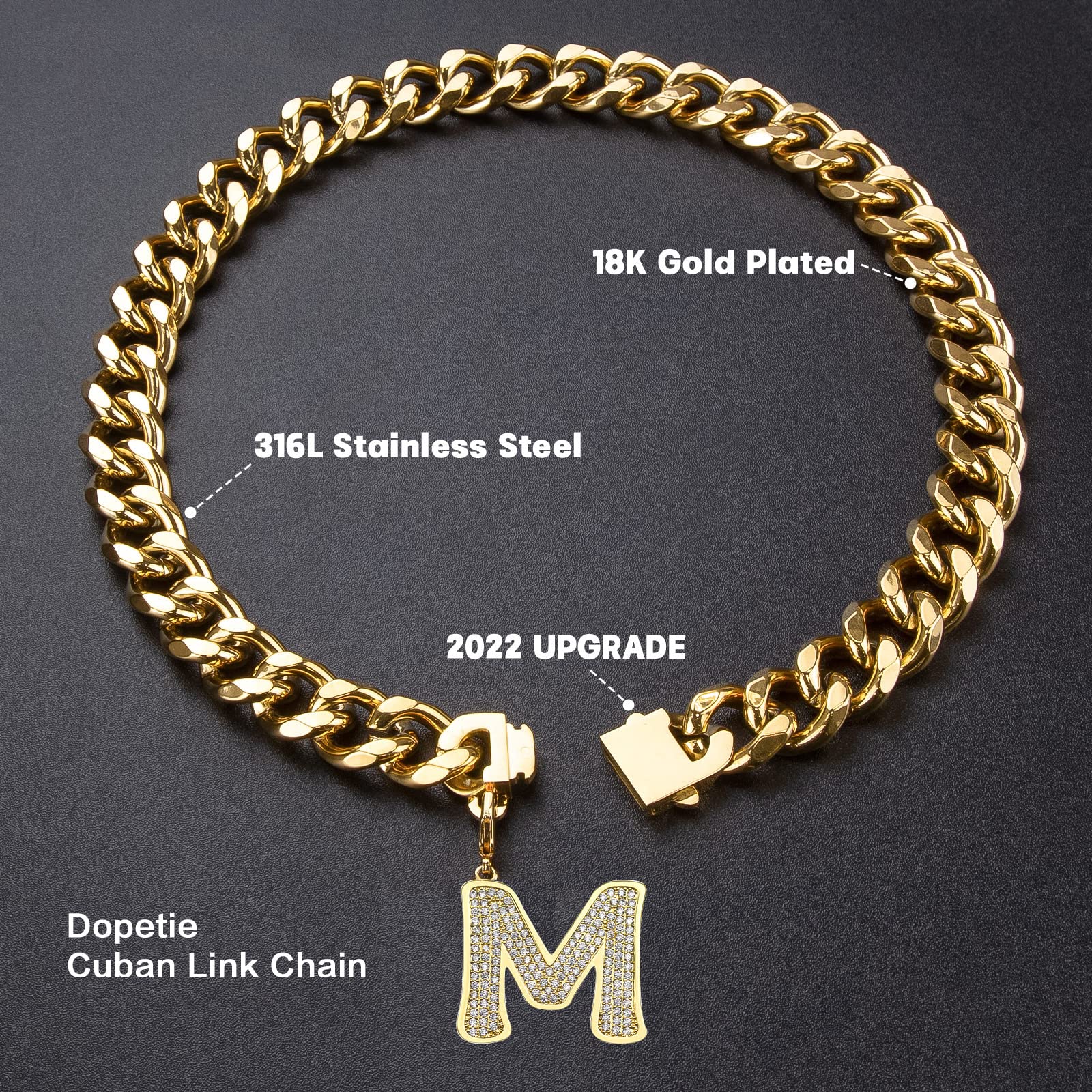 Personalized Gold Chain Dog Collar with Bling Zircons - Heavy Duty Chew Proof Cuban Link Metal Necklace for Medium & Large Dogs - Perfect for Pet Fashion, Special Occasions & Daily Walks (Letter M, 16IN)