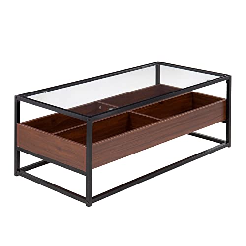 Black Steel, Walnut Wood, Clear Glass