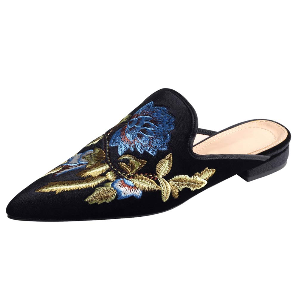 Women's Pointed Toe Embroidered Mule Slippers - Backless Slip On Loafers for Women - Comfortable House Shoes for Indoor/Outdoor Wear - Perfect for Home, Office, and Casual Outings
