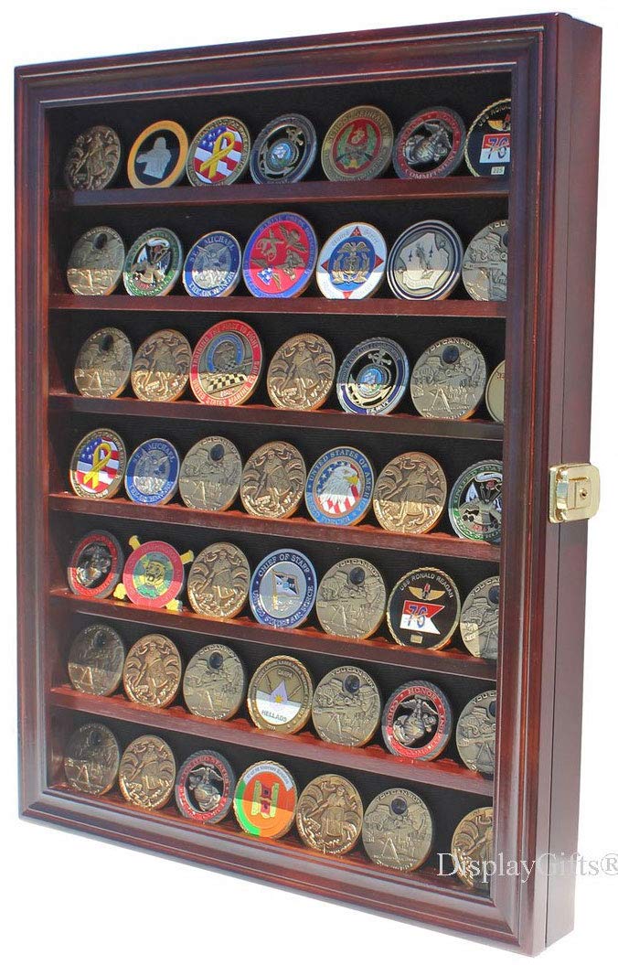 Lockable Military Challenge Coin Display Case Cabinet with Mahogany Finish - Secure Collectible Storage for Home, Office, or Military Memorabilia Showcase
