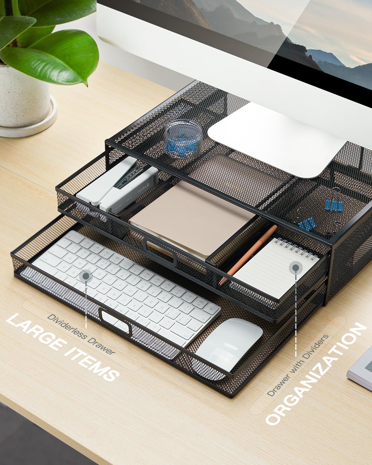 HUANUO Metal Mesh Monitor Stand with 2 Storage Drawers - Heavy Duty Desk Organizer for Laptop, Computer, Printer up to 33 lbs - Perfect for Home Office & Workspace Organization