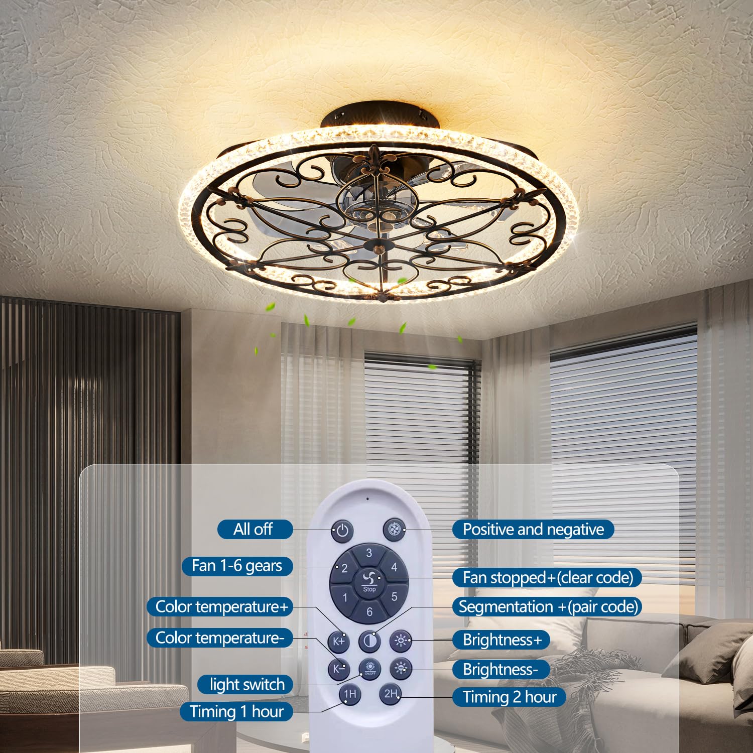 HuixuTe 52 Inch Caged Ceiling Fan with LED Light and Remote Control, 6 Speed Adjustable Industrial Farmhouse Ceiling Fan for Kitchen, Bedroom, Living Room - Perfect for Home Cooling and Stylish Interior Decor