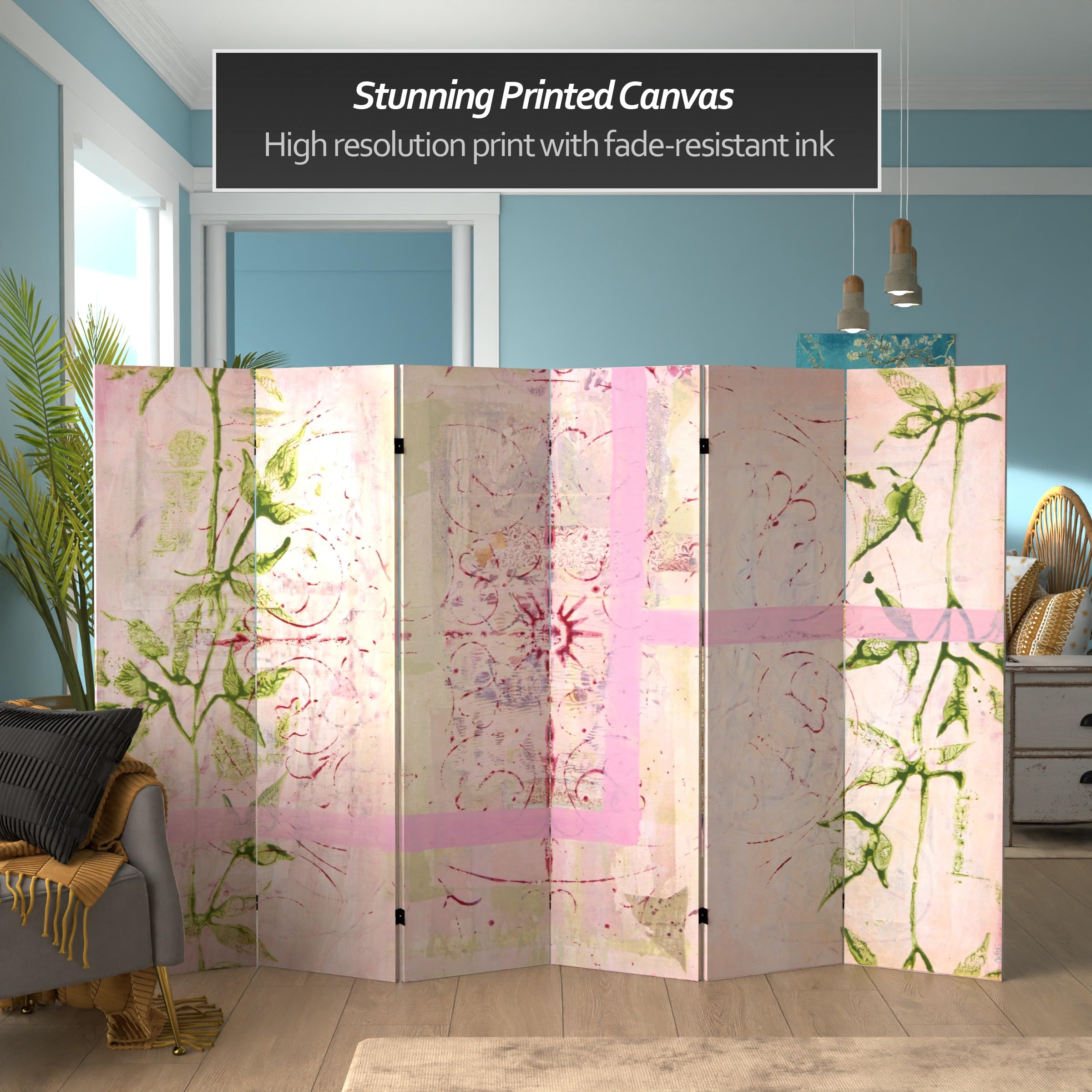 5 1/4 ft Pink Harmony Canvas Room Divider - 6 Panel Oriental Folding Screen for Bedroom Privacy, Living Room Partition & Home Decor | Hand-Painted Asian Inspired Design