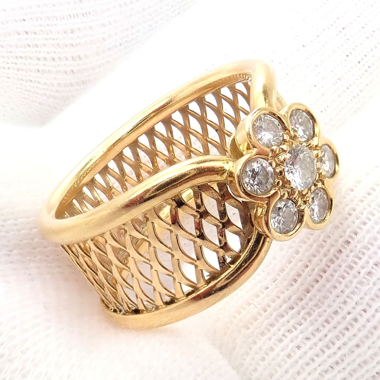 Van Cleef & Arpels 18k Yellow Gold Diamond Fleurette Mesh Ring Size 7 - Luxury Jewelry for Women, Perfect for Weddings, Anniversaries & Special Occasions