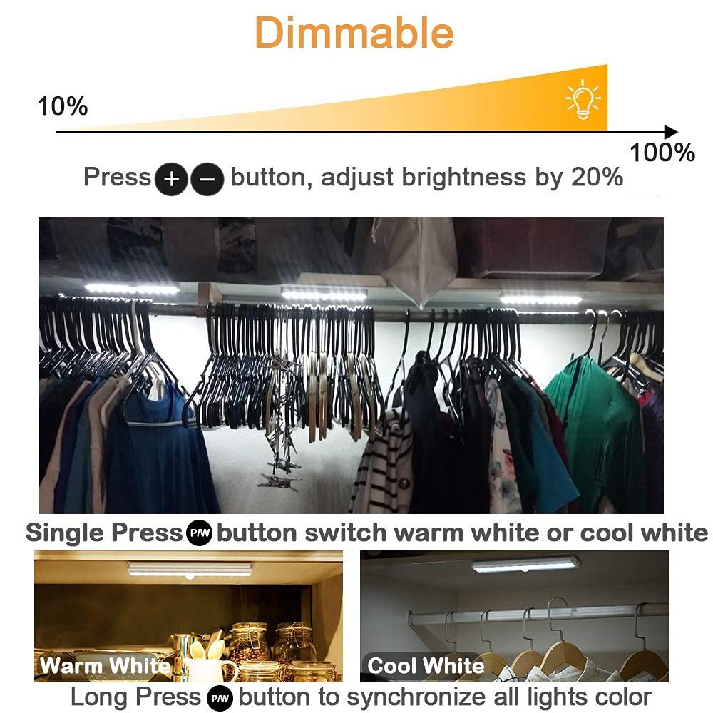 6 Pack Wireless Remote Control Under Cabinet Lighting - 20-LED Dimmable Rechargeable Closet & Counter Lights, Touch Stick-On Night Light Strip Bar for Kitchen, Stairway, Bedroom (3 Color Options) - Perfect for Home, Office & Commercial Spaces