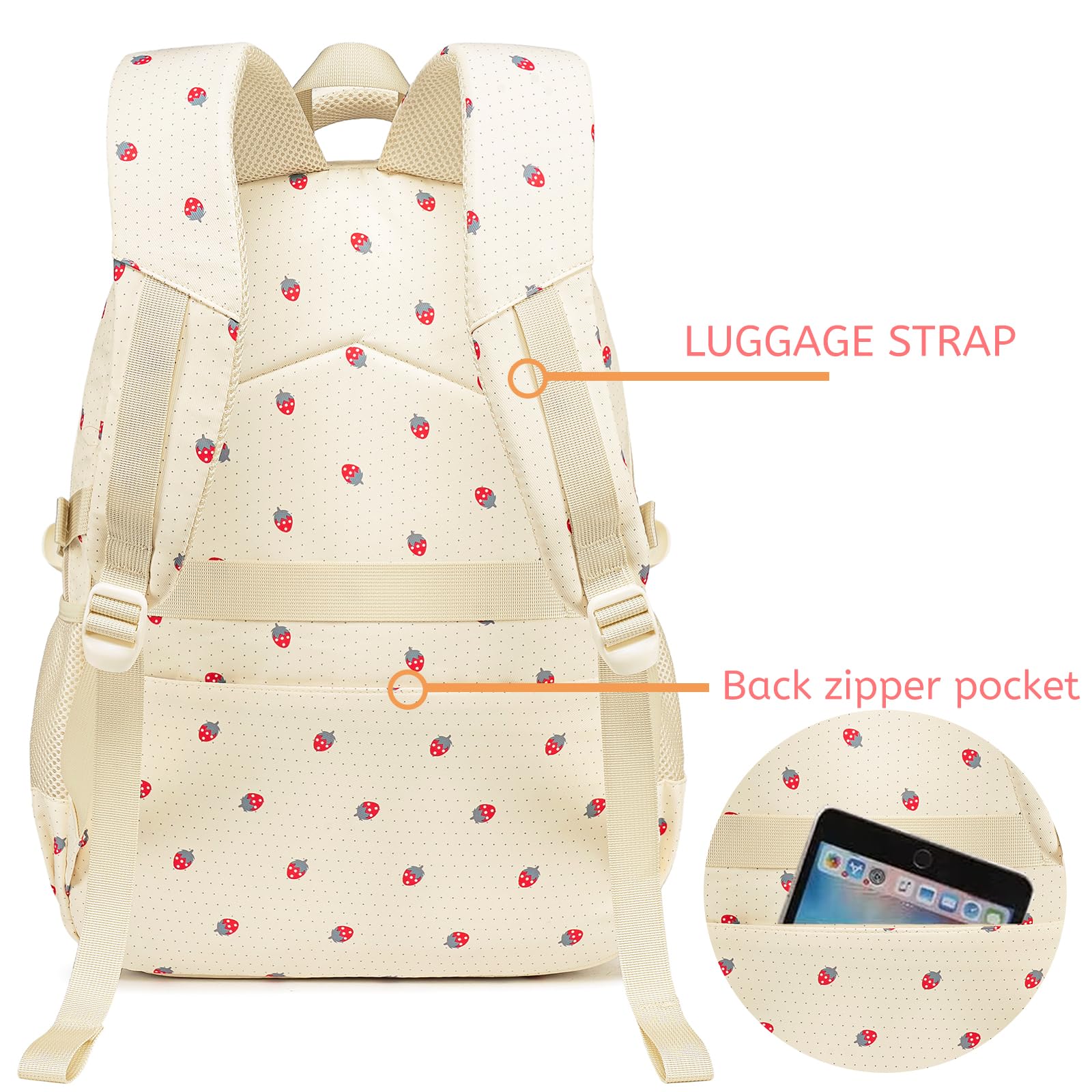 Bluboon Cute Strawberry Beige Backpack for Girls Ages 8-12 - Durable School Bookbag with Padded Straps for Comfort - Perfect for School, Travel & Daily Use