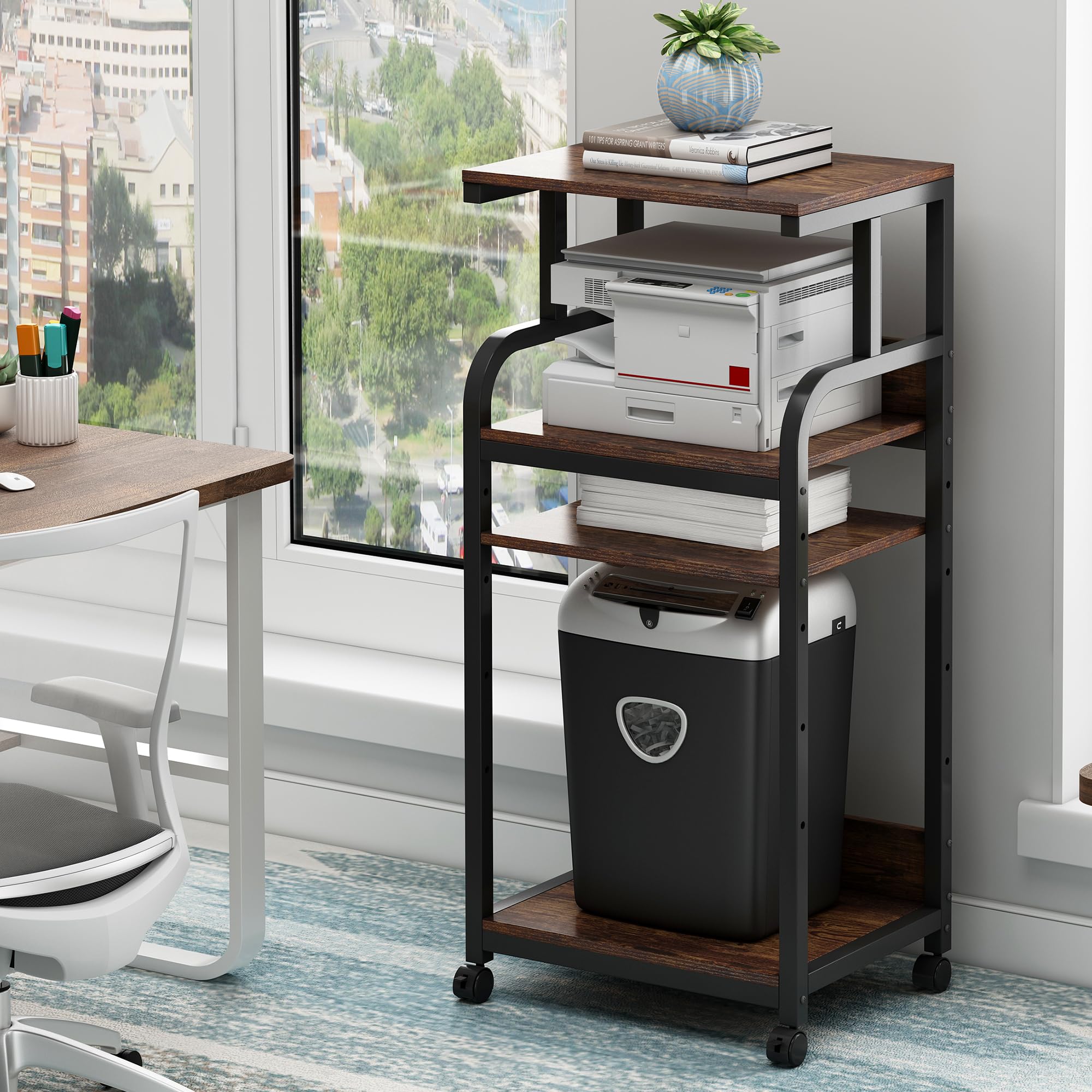 4-Tier Adjustable Printer Stand with Wheels - Rustic Brown Home Office Desk Organizer for Printer, Scanner & Supplies - Perfect for Small Spaces & Workspace Organization