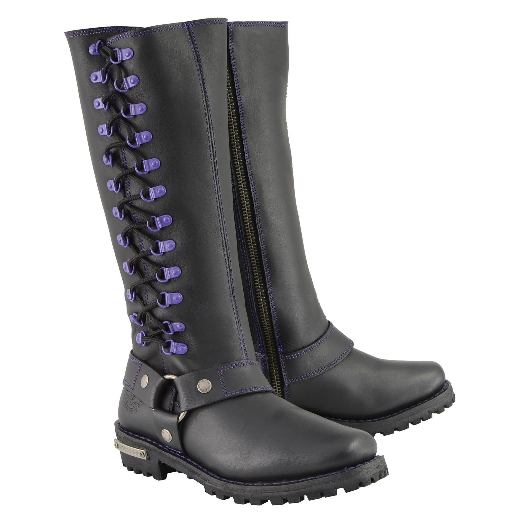 Milwaukee Leather Women's Black 14-inch Motorcycle Boots with Purple & Pink Lacing - Harness Style Biker Boots for Riding & Fashion (MBL9366-MBL9367) | Perfect for Cruiser Motorcycles & Urban Streetwear