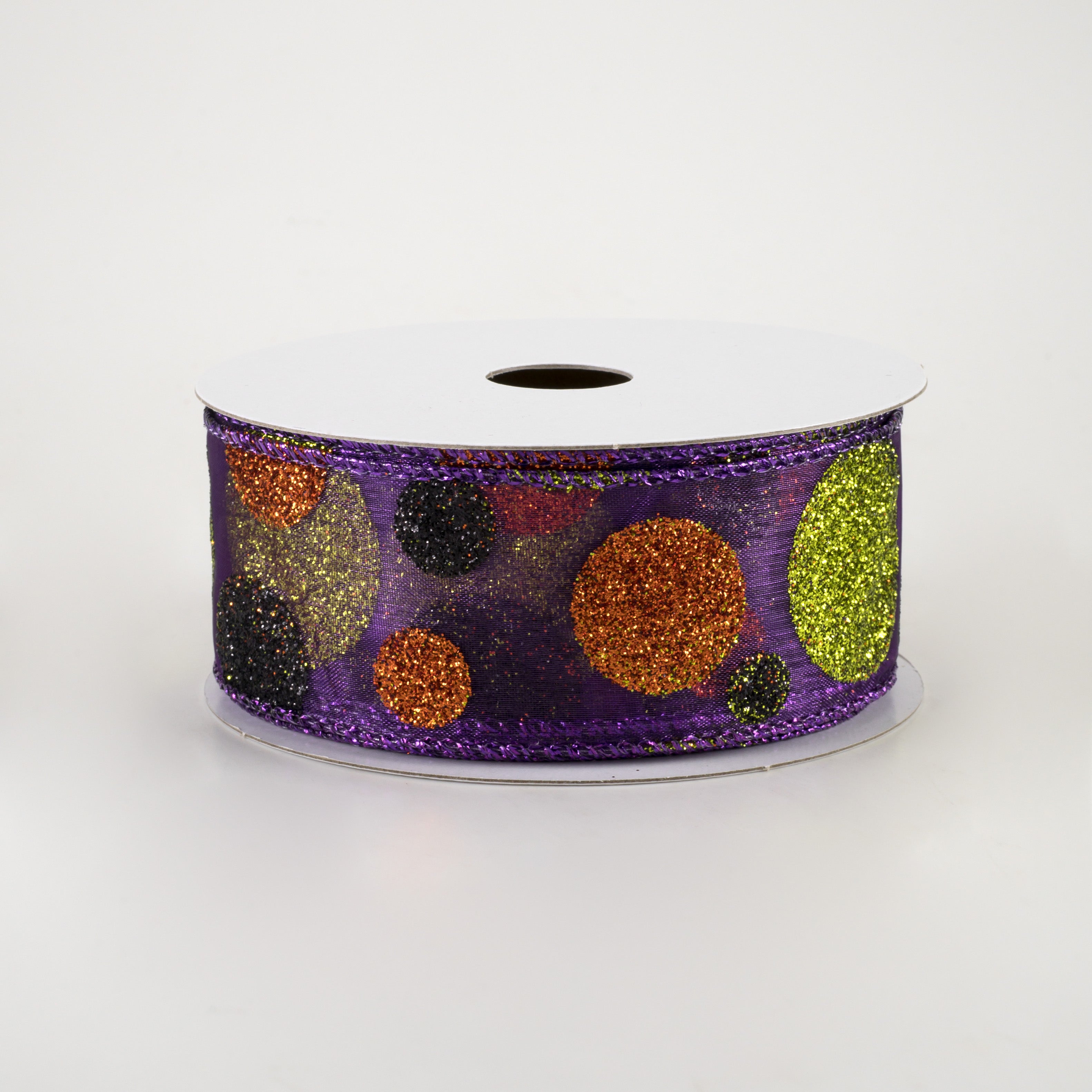 1.5 Inch Glittered Purple Sheer Ribbon with Halloween Dots - 10 Yards Bulk Roll for Gift Wrapping, Party Decorations, DIY Crafts, and Halloween Costume Accessories