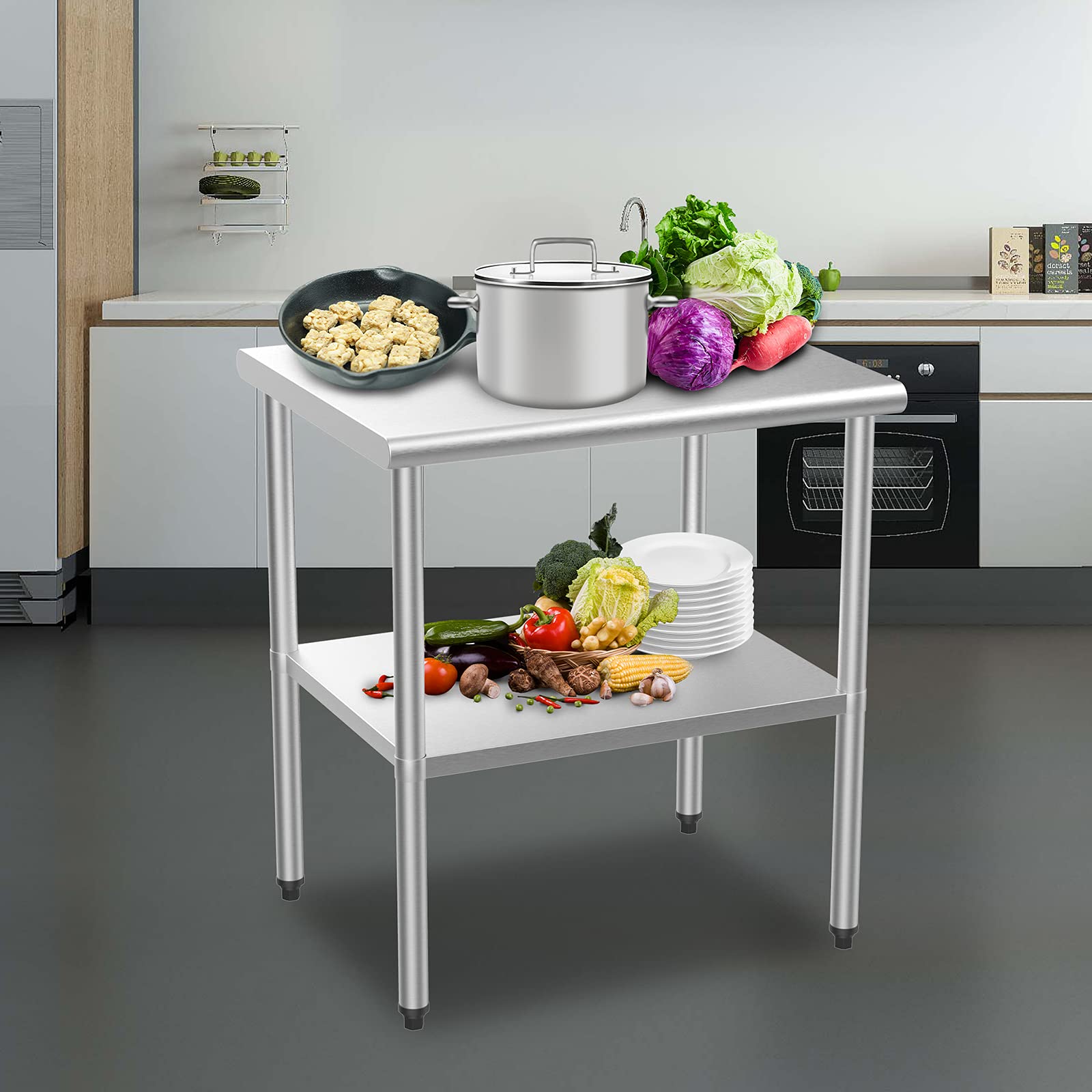 ROVSUN 30'' x 24'' NSF Certified Stainless Steel Work Table - Heavy Duty Commercial Prep Table for Kitchen, Restaurant, Hotel - Adjustable Undershelf for Storage - Perfect for Food Prep, Cooking, Baking & Outdoor Use