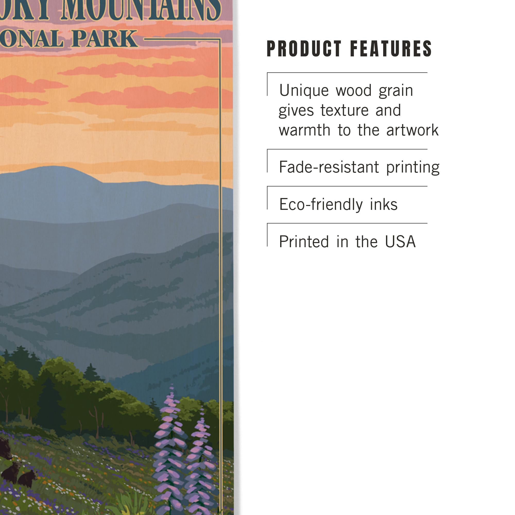 Lantern Press 10x15 Inch Wooden Wall Sign - Ready to Hang Smoky Mountains National Park Decor with Bear & Spring Flowers Design - Perfect for Cabin, Living Room or Outdoor Patio Decor