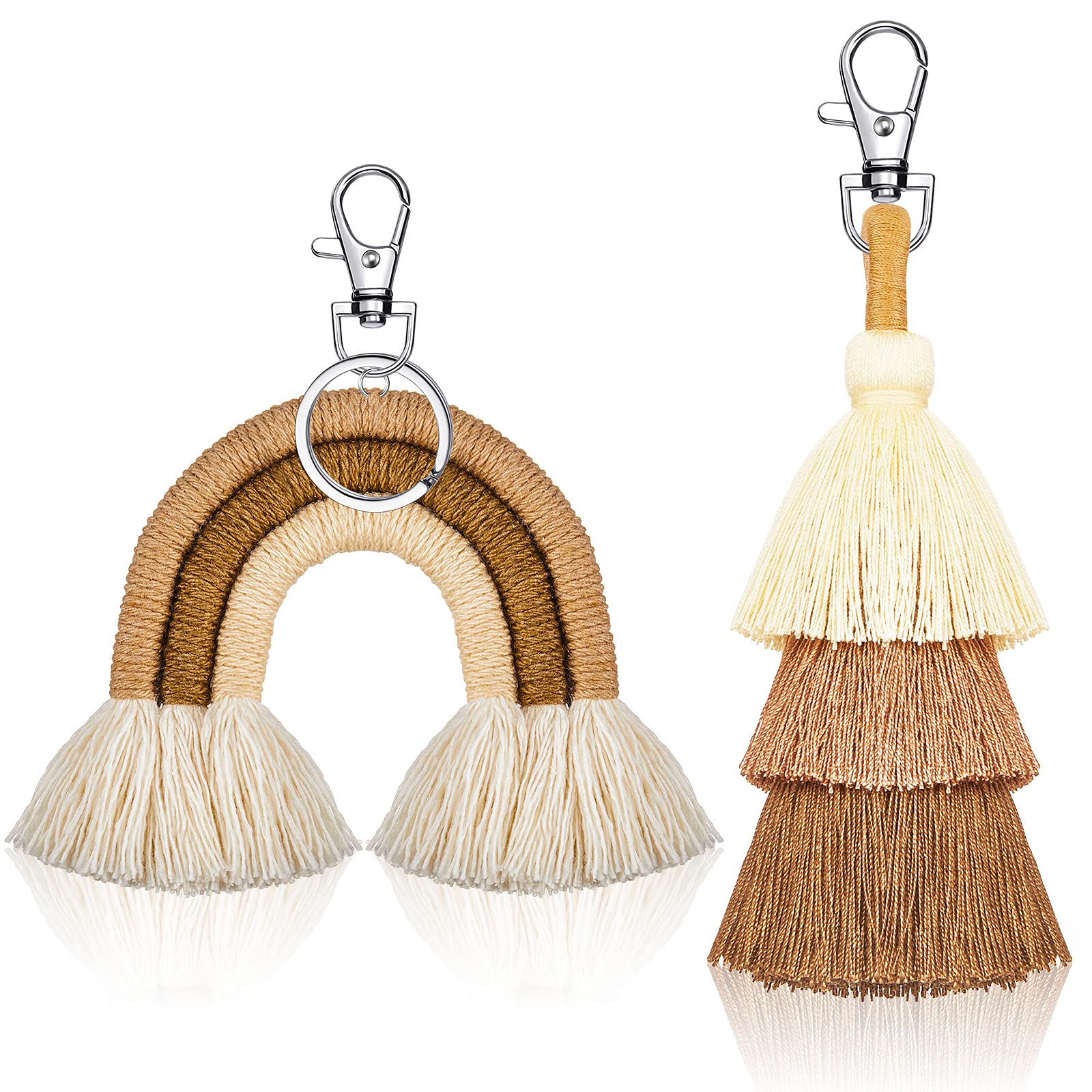 2 Pieces Boho Rainbow Keychains with Pom Pom Tassels, Macrame Handmade Keychains for Women, Perfect for Backpacks, Purses, and Gift Giving