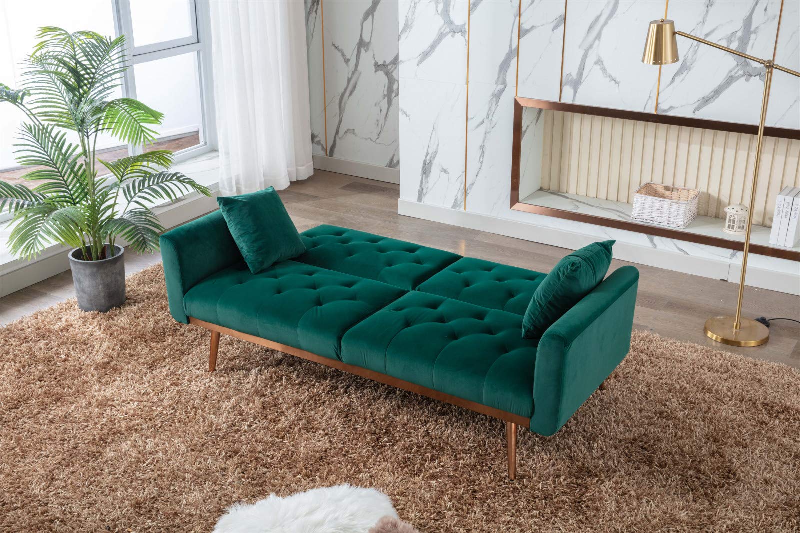 Velvet Futon Sofa Bed - Convertible Sleeper Sofa with 5 Golden Metal Legs & 2 Pillows - Modern Accent Loveseat Recliner for Living Room, Bedroom, Guest Room - Perfect for Small Spaces & Studio Apartments (Green)