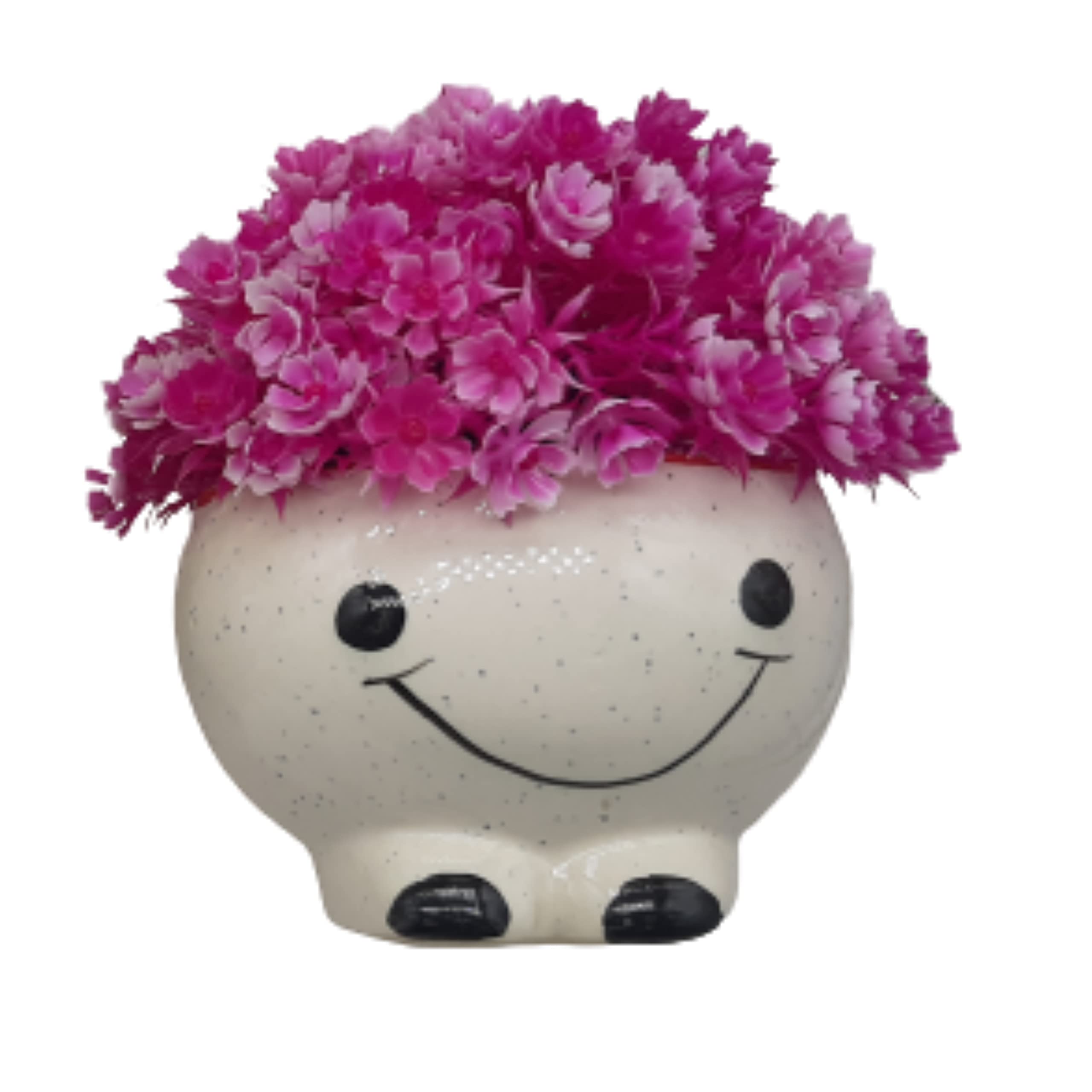 Handmade White Ceramic Smiley Face Planter with Artificial Flower - 3 x 4.5 Inch Small Decorative Pot for Home, Office, Windowsill - Perfect for Succulents, Air Plants & Home Décor in Living Room, Bedroom or Dining Area
