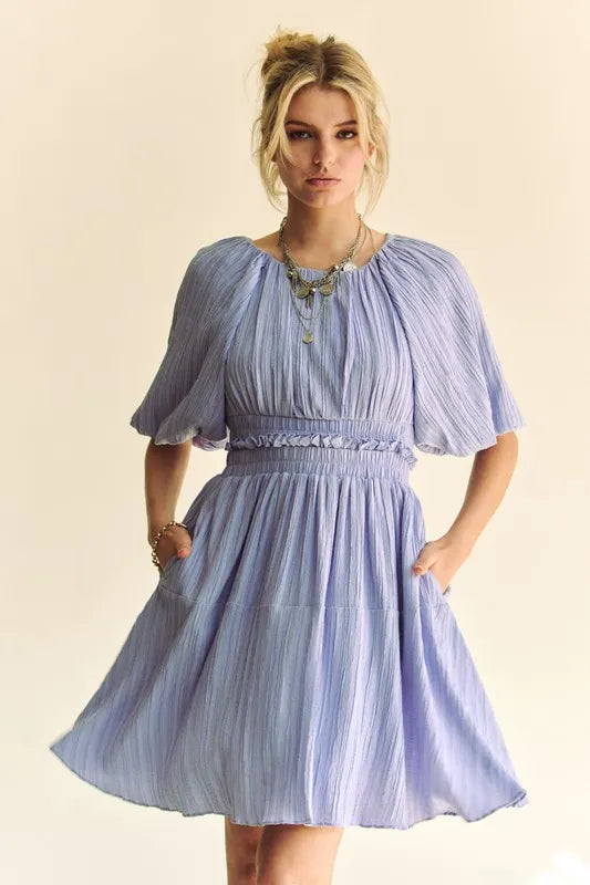 Lavender Back Button Puff Sleeve Mini Dress for Women | Summer Beach Resort Outfit | Perfect for Vacation, Wedding Guest & Date Night