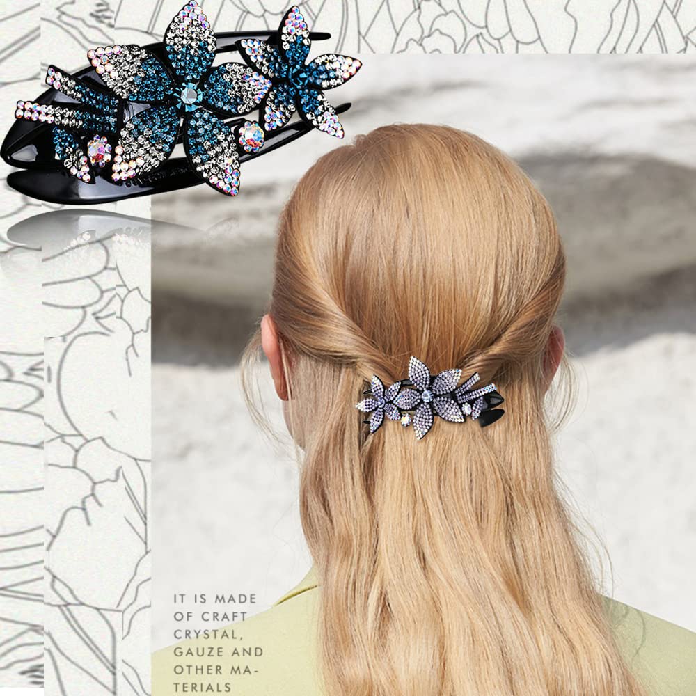 6 Pack Rhinestone Crystal Double Flower Hair Clips for Women & Girls - Non-Slip Duckbill Hairpins with Teeth for Thick Long Hair - Elegant Hair Accessories for Weddings, Parties & Daily Styling