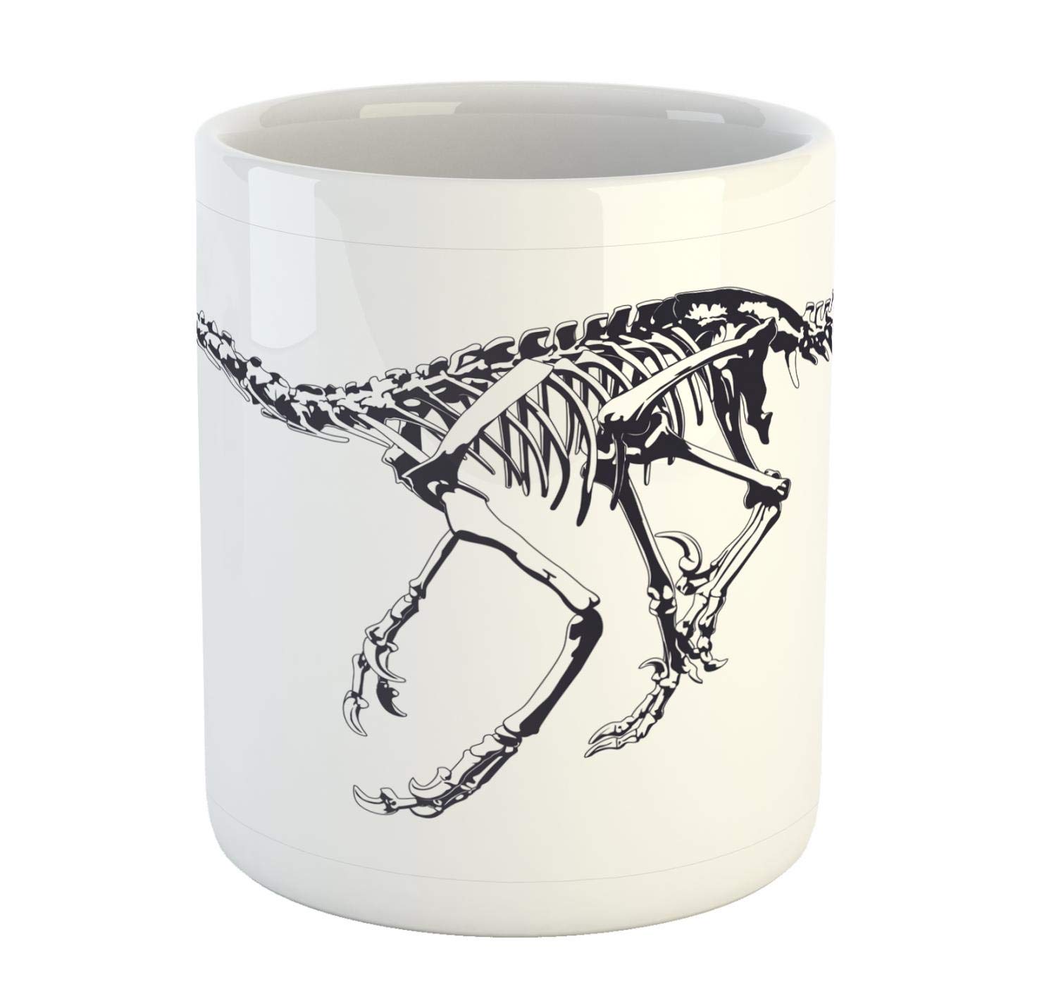 Ambesonne Dinosaur Skeleton Mug - 15oz Ceramic Coffee Cup with Prehistoric Raptor Bones Design for Tea, Hot Chocolate & Cold Drinks - Perfect Gift for Paleontology Lovers & Jurassic Themed Parties (Black & White)