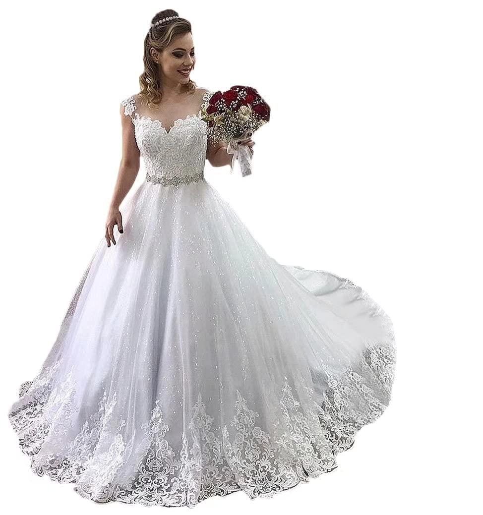 Sparkling YIGIRL A-Line Wedding Dress with Beaded Crystal Waist & Applique Details – Elegant Empire Bridal Gown for Bride – Perfect for Church Ceremonies, Beach Weddings & Romantic Vows