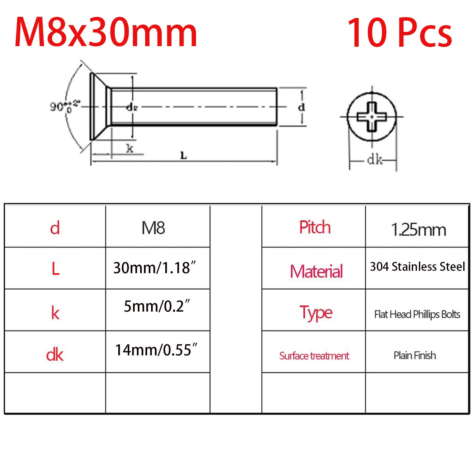 10 Pcs M8-1.25x30mm 304 Stainless Steel Flat Head Phillips Machine Screws for Furniture & DIY