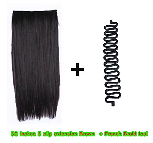 30 Inch Straight Synthetic Hair Extensions with Free French Braid Tool - Brown | Clip-in Hair Extensions for Women | Perfect for Parties, Weddings & Daily Styling